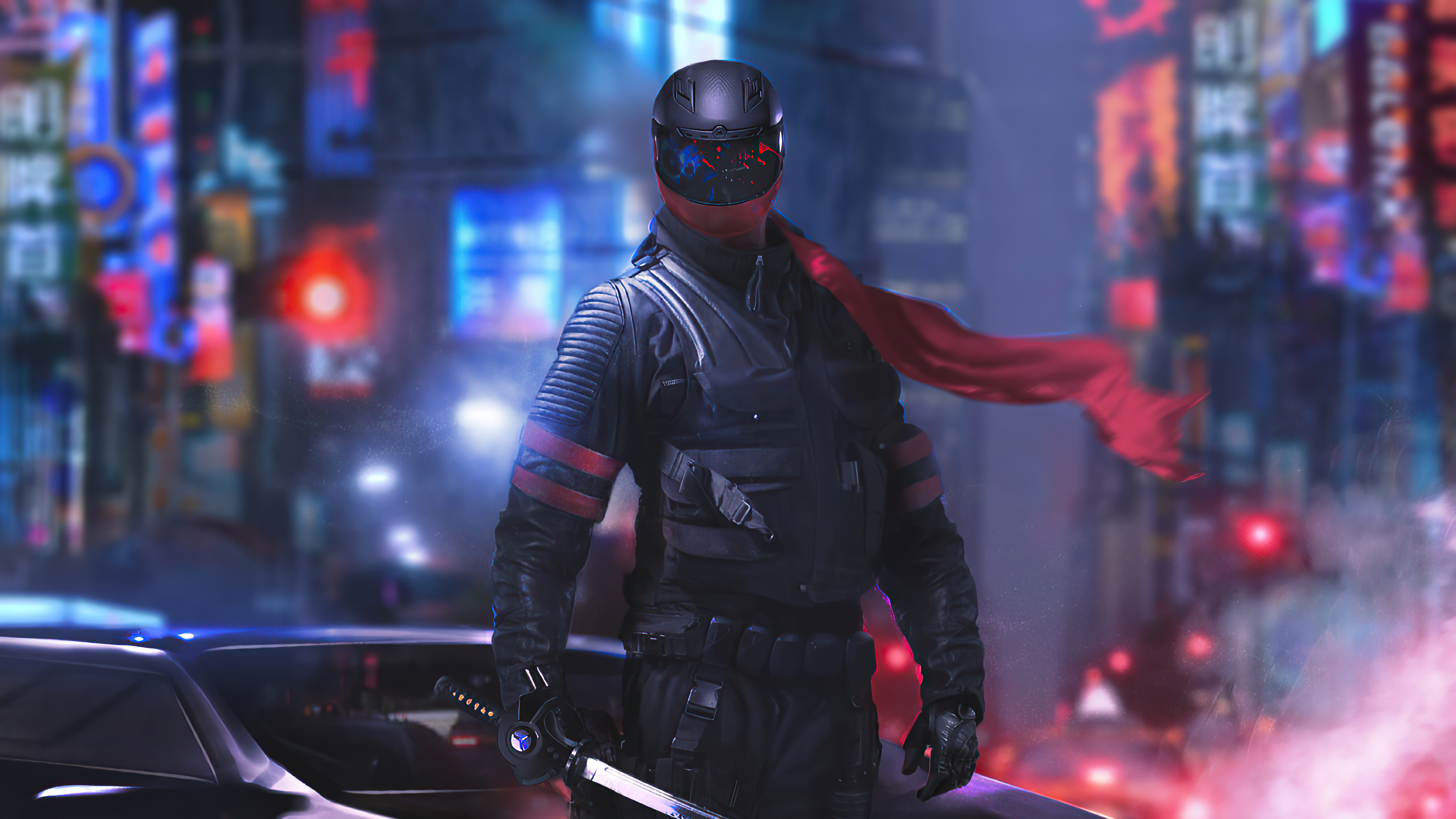 Cyberpunk warrior with sword in neon city HD Wallpaper