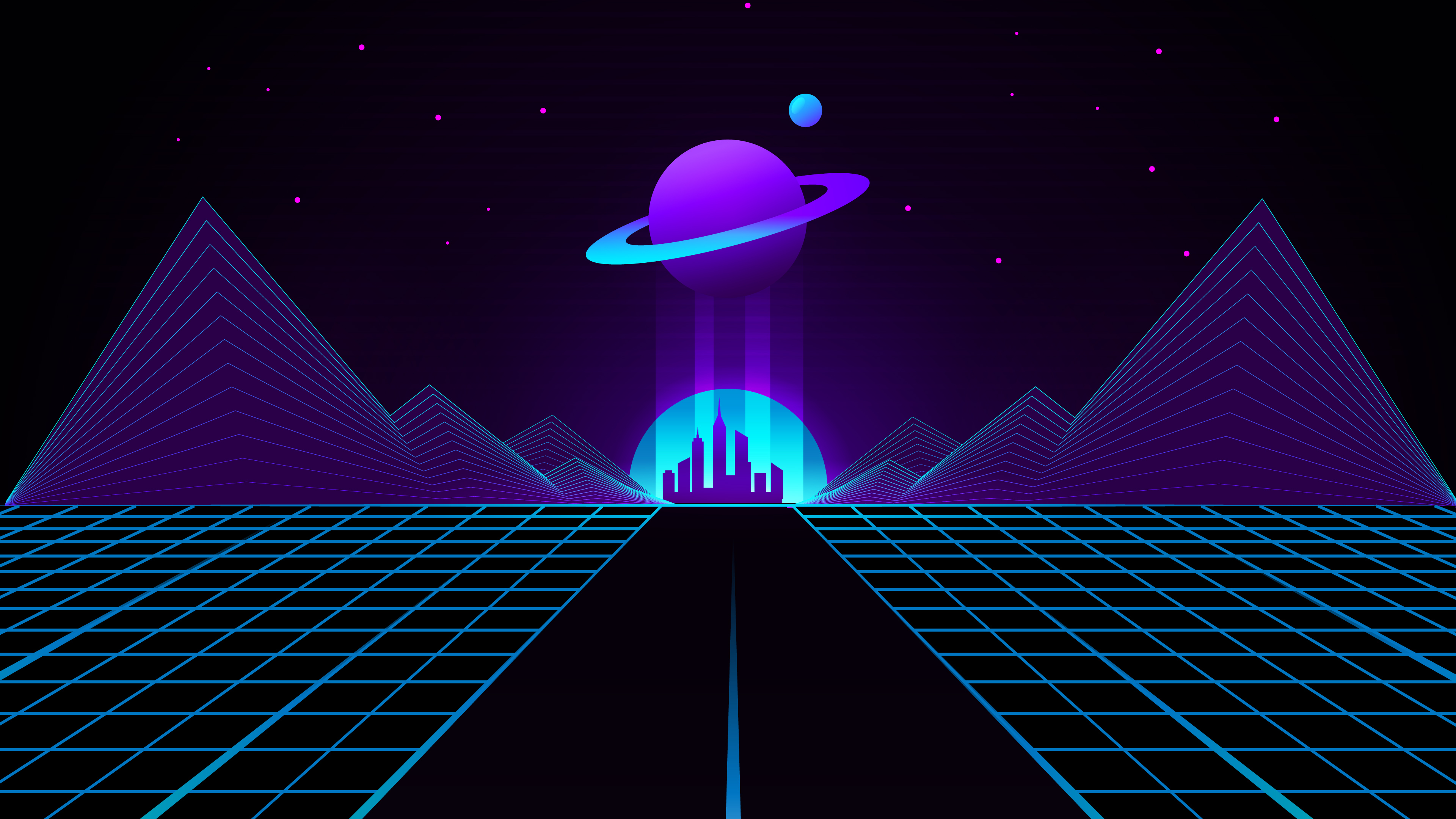 Synthwave digital art with planet and city HD Wallpaper