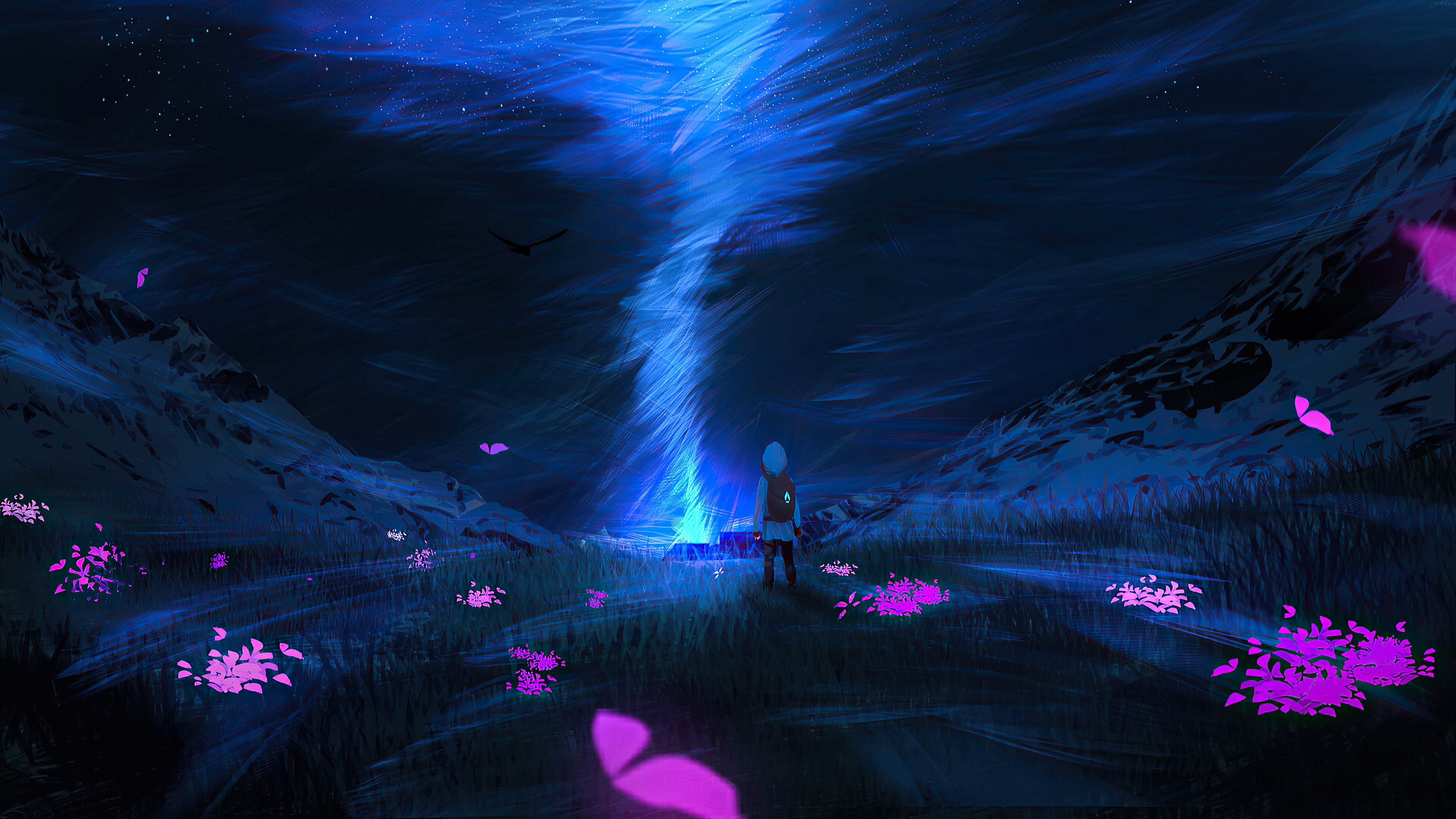 Fantasy landscape with person and glowing flora HD Wallpaper