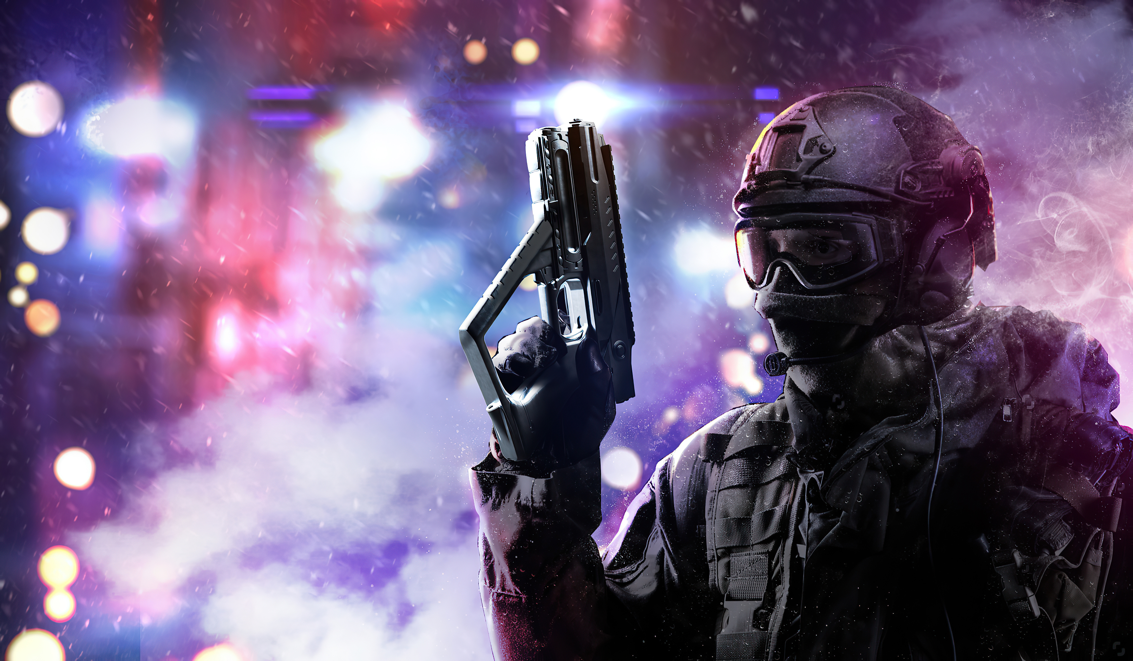 Soldier holding a futuristic gun in a snowy city HD Wallpaper