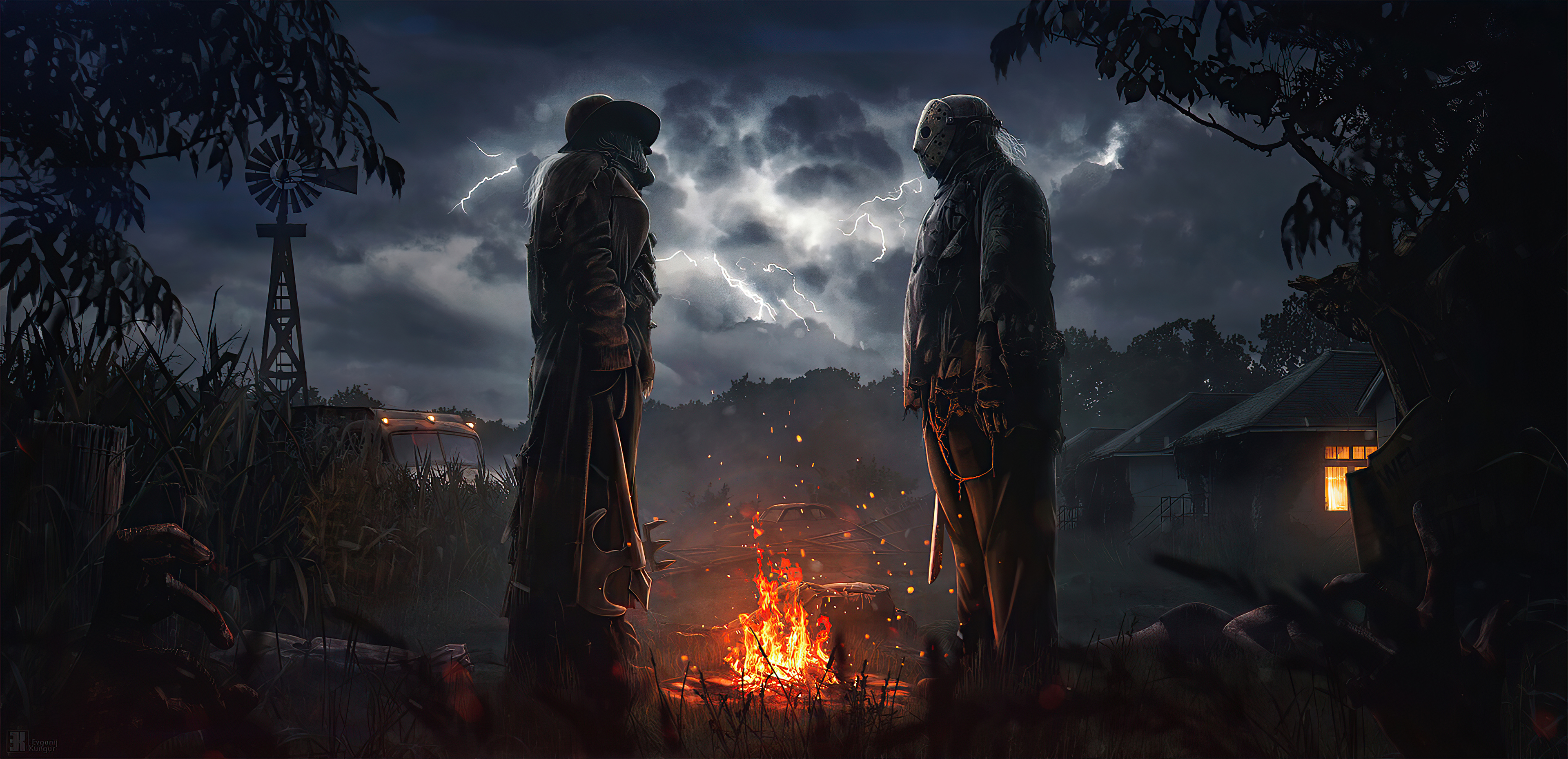 Jason Voorhees and Leatherface by a campfire HD Wallpaper