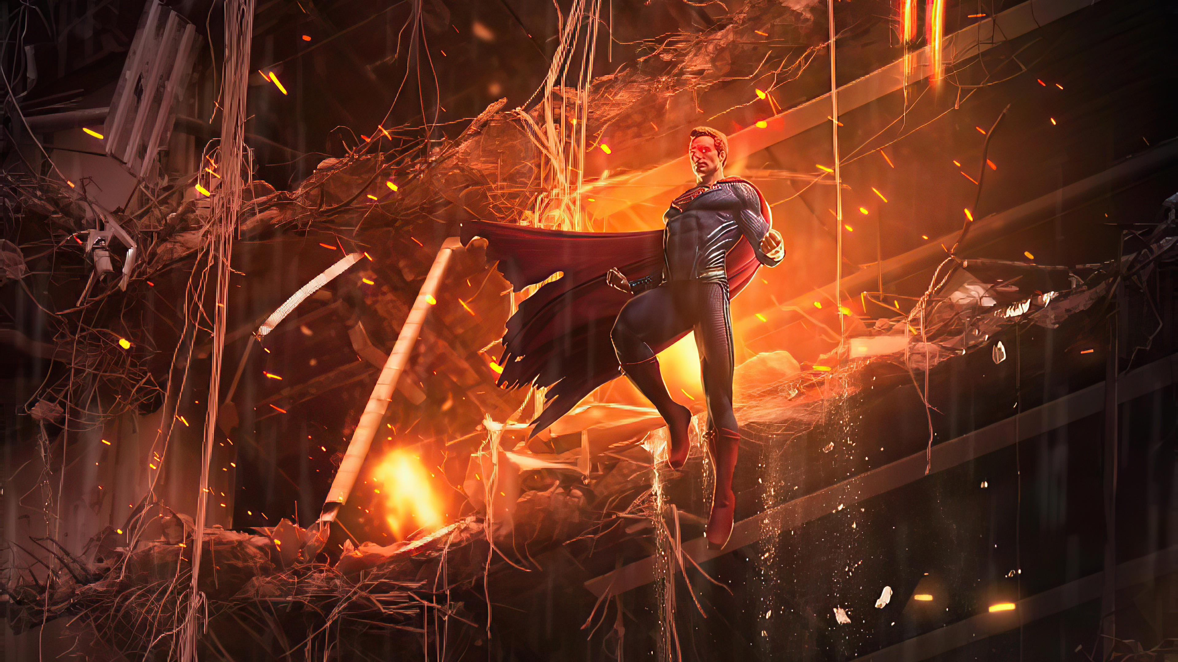 Superman in a destroyed building with fire HD Wallpaper