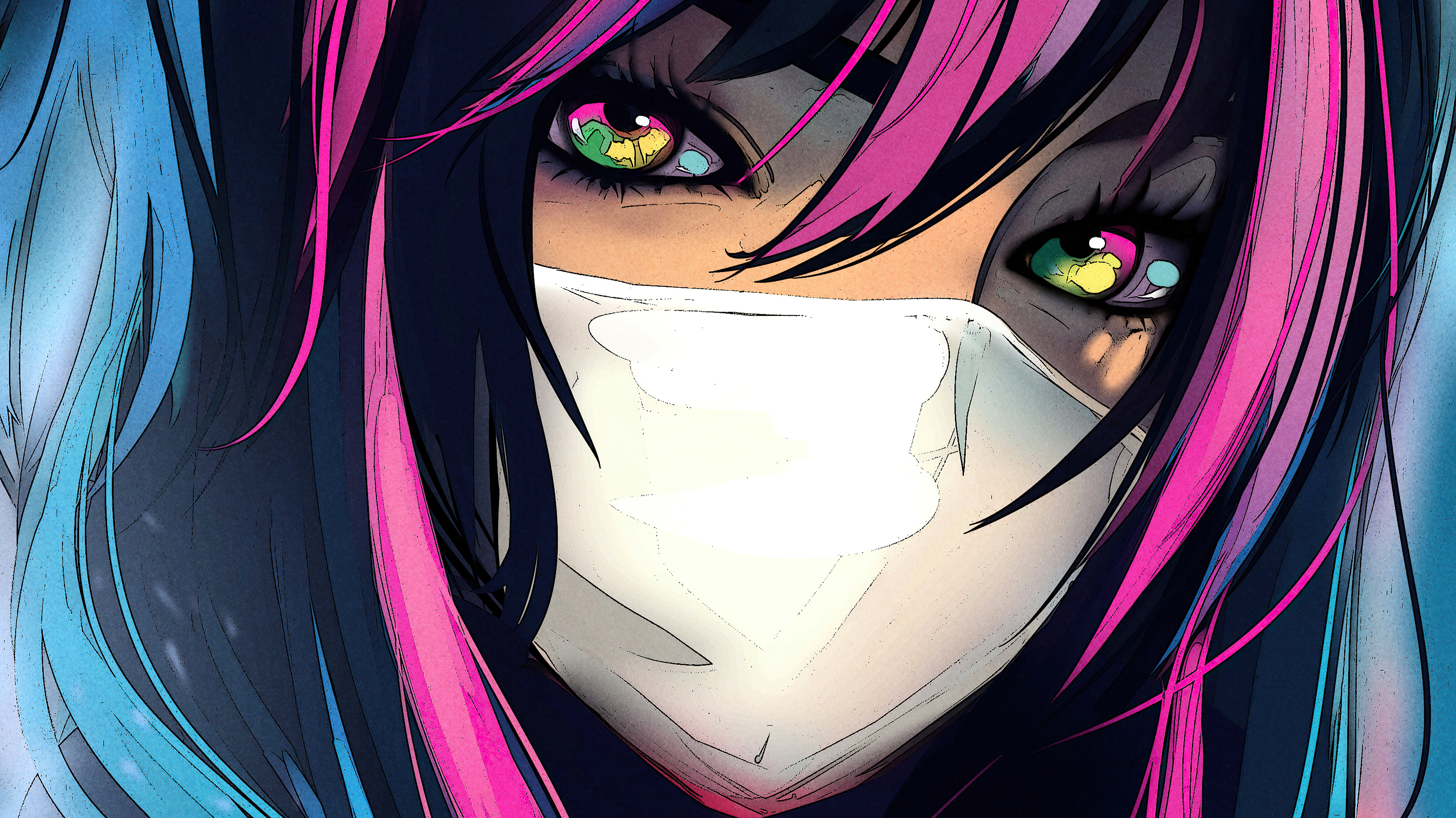 Anime girl with colorful eyes wearing a mask HD Wallpaper