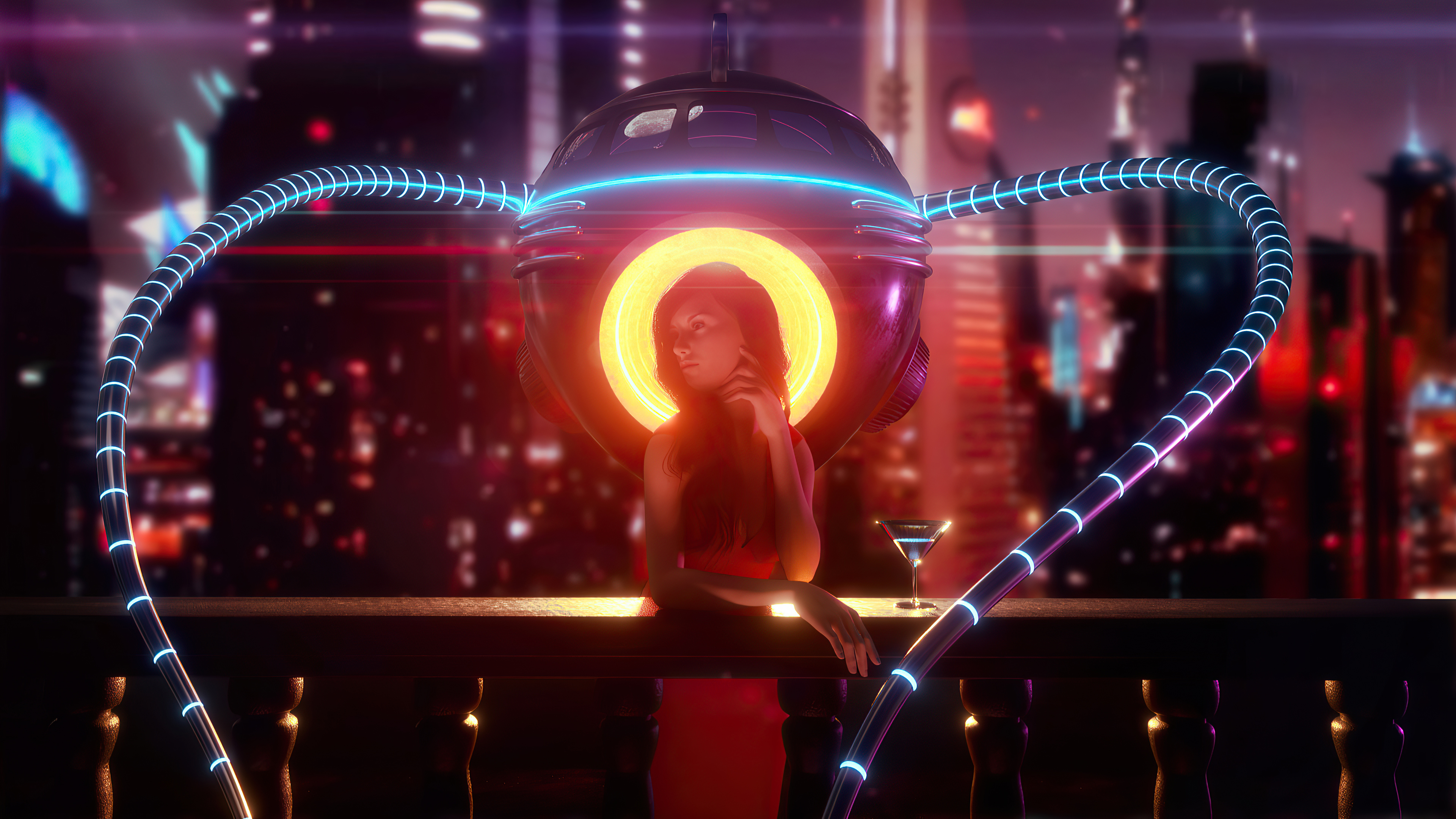 Woman in red dress with futuristic robot and city background HD Wallpaper