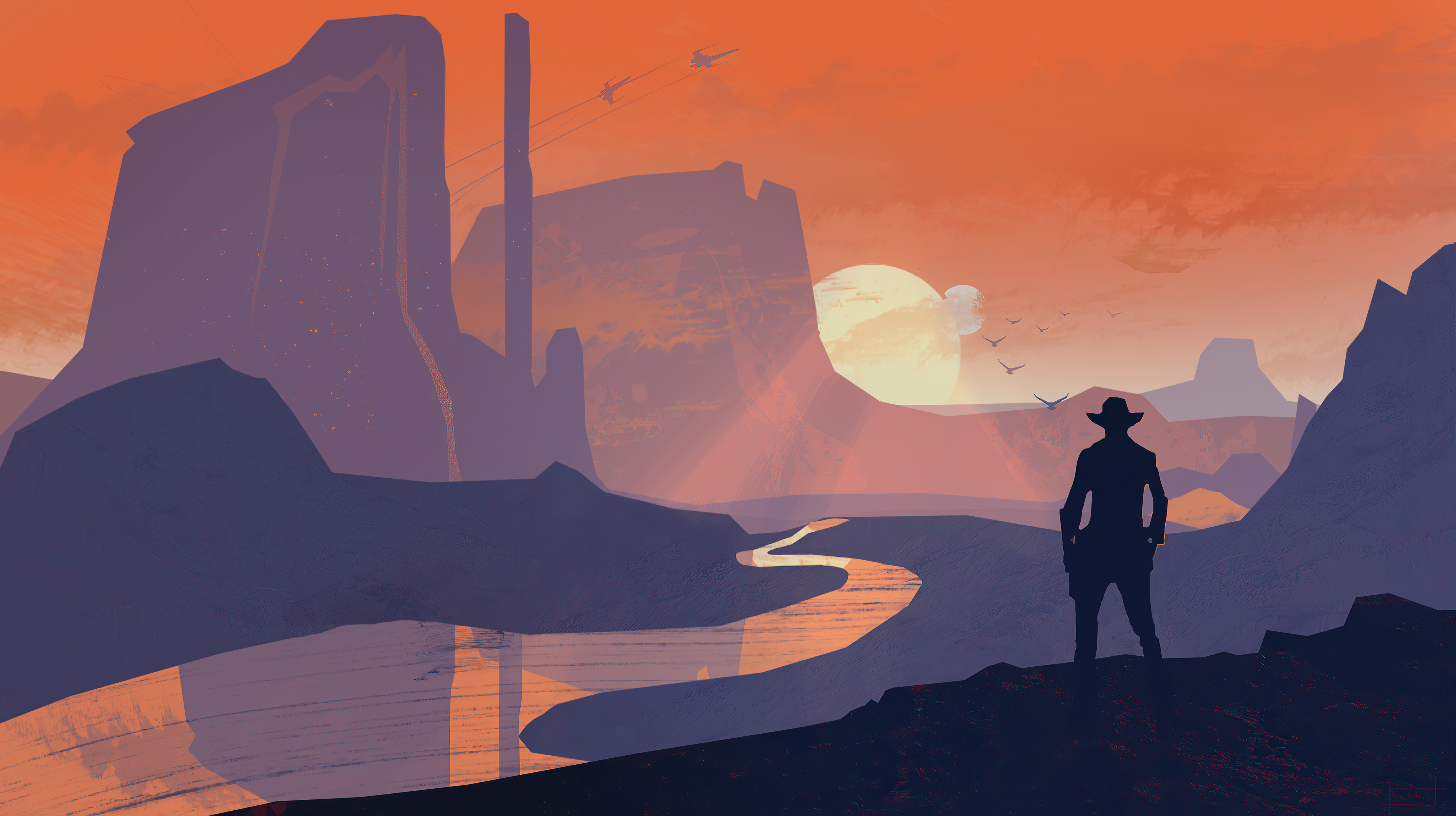 Cowboy in a desert landscape at sunset HD Wallpaper