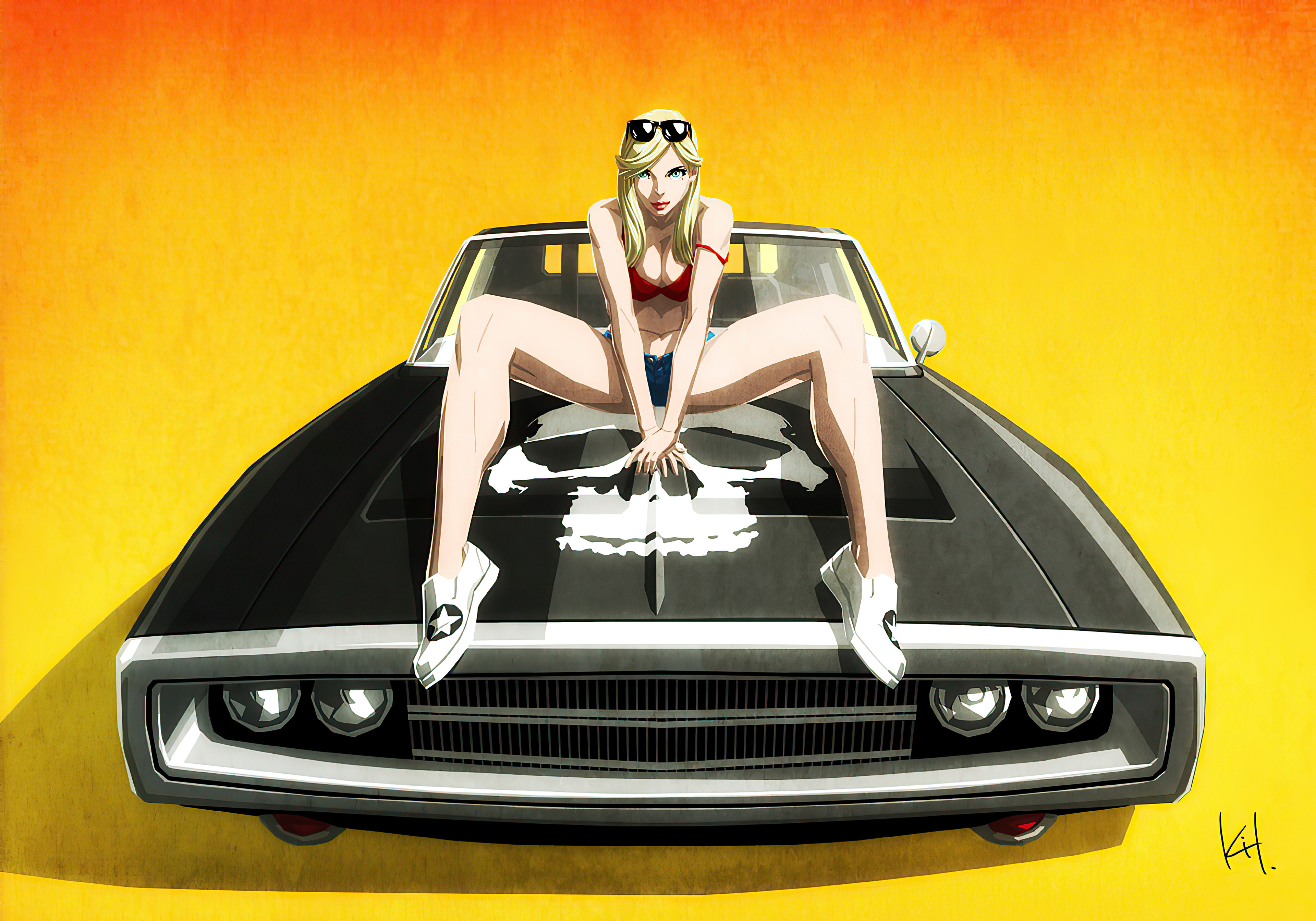 Woman on a car with skull HD Wallpaper