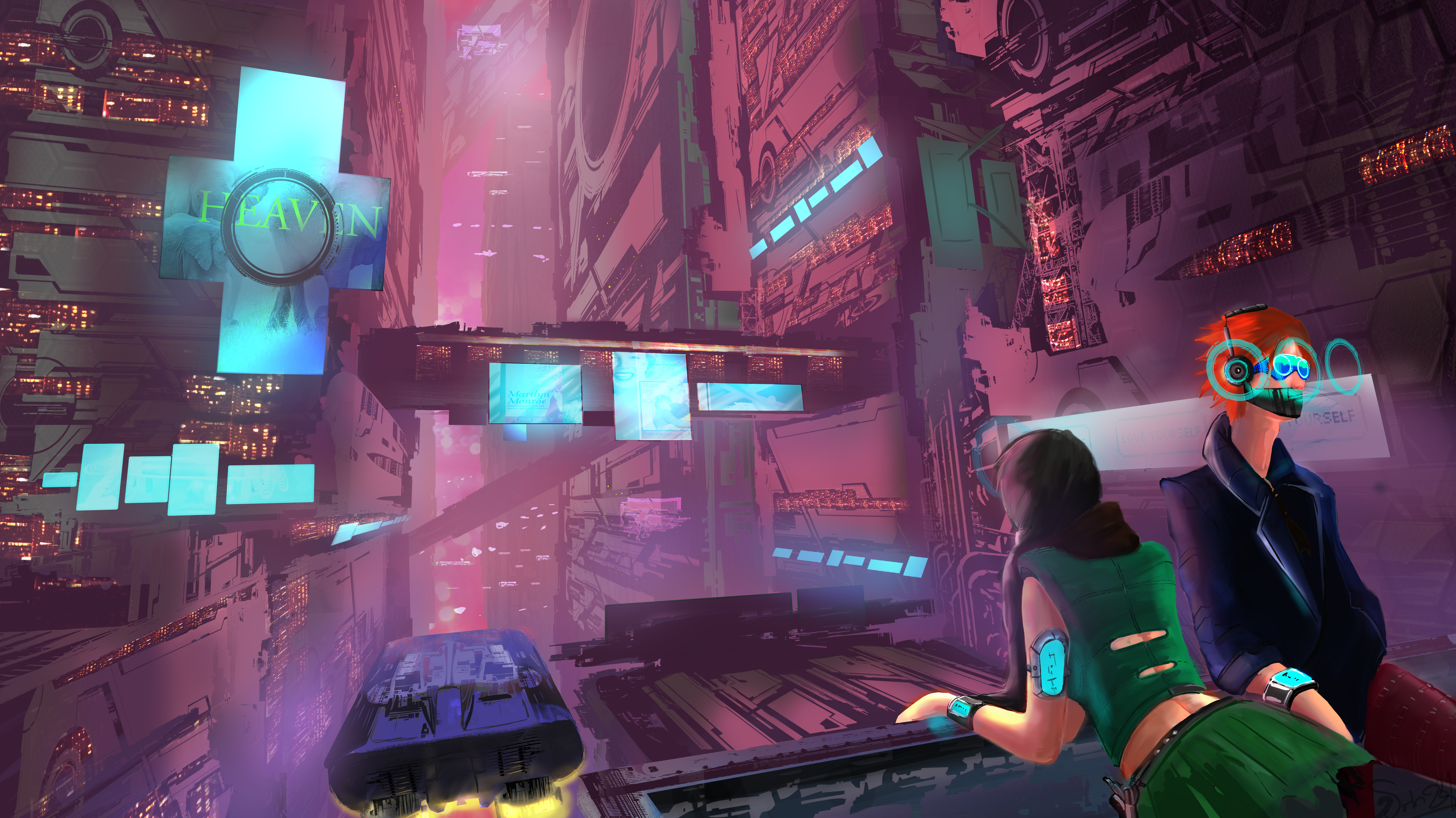 Cyberpunk city with people and flying vehicle HD Wallpaper