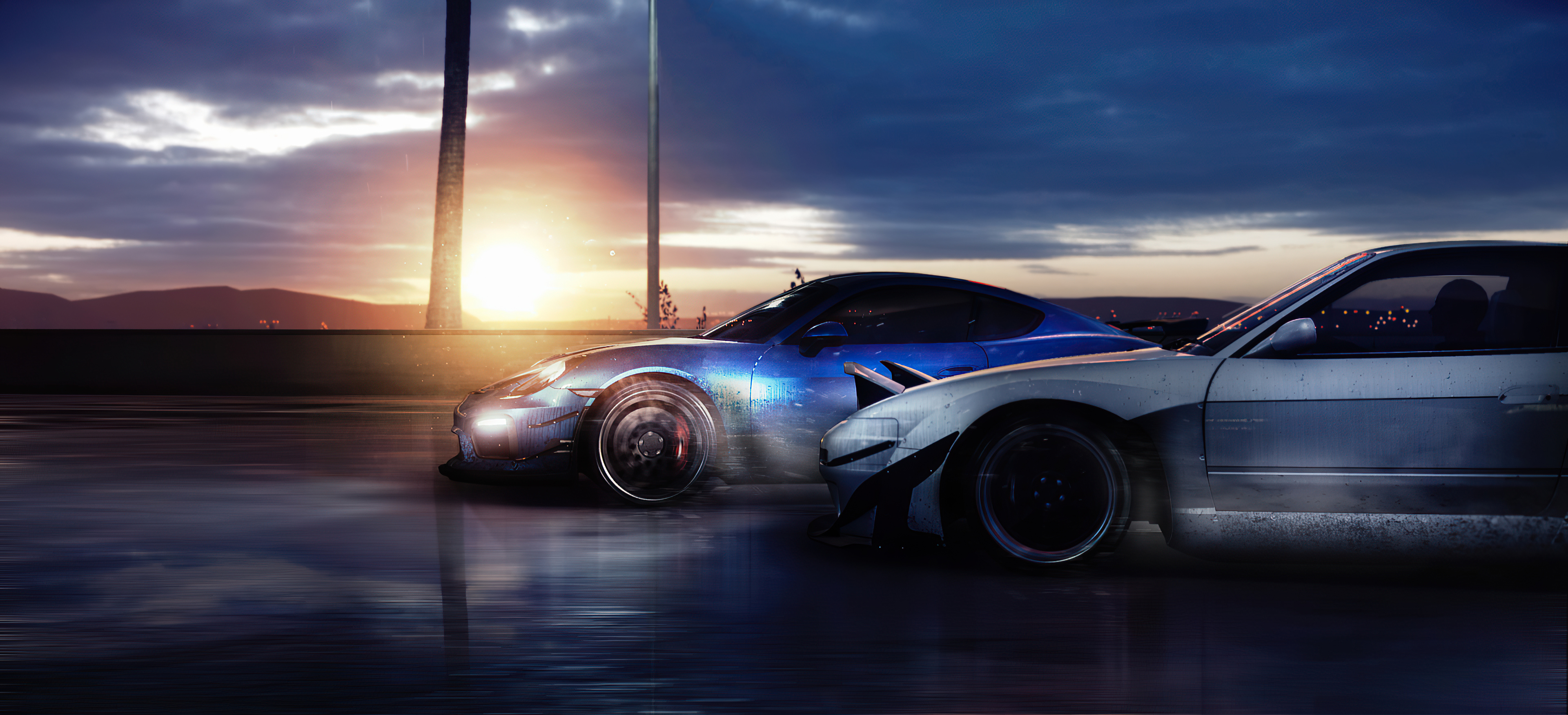 Porsche Cayman and Nissan cars racing at sunset HD Wallpaper