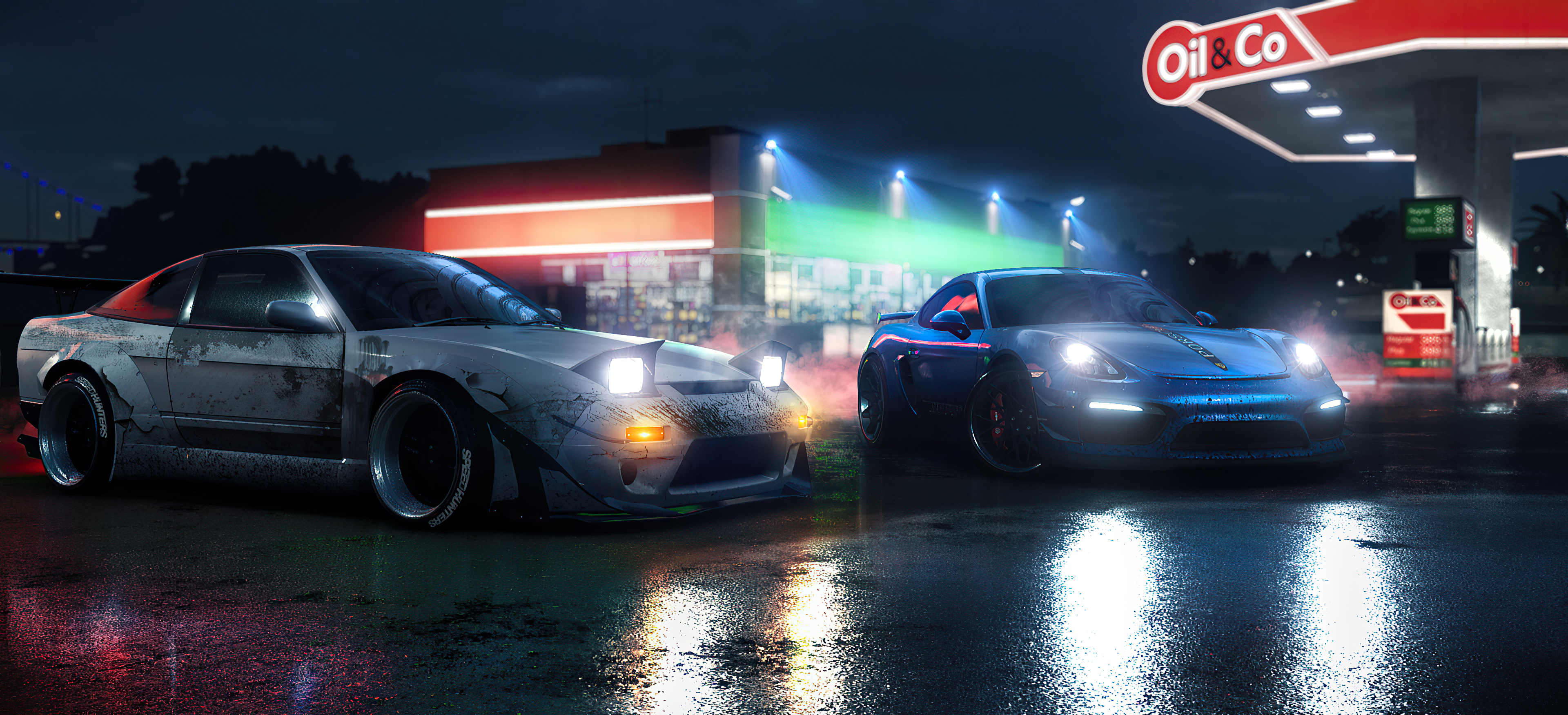 Two modified cars at a gas station at night HD Wallpaper