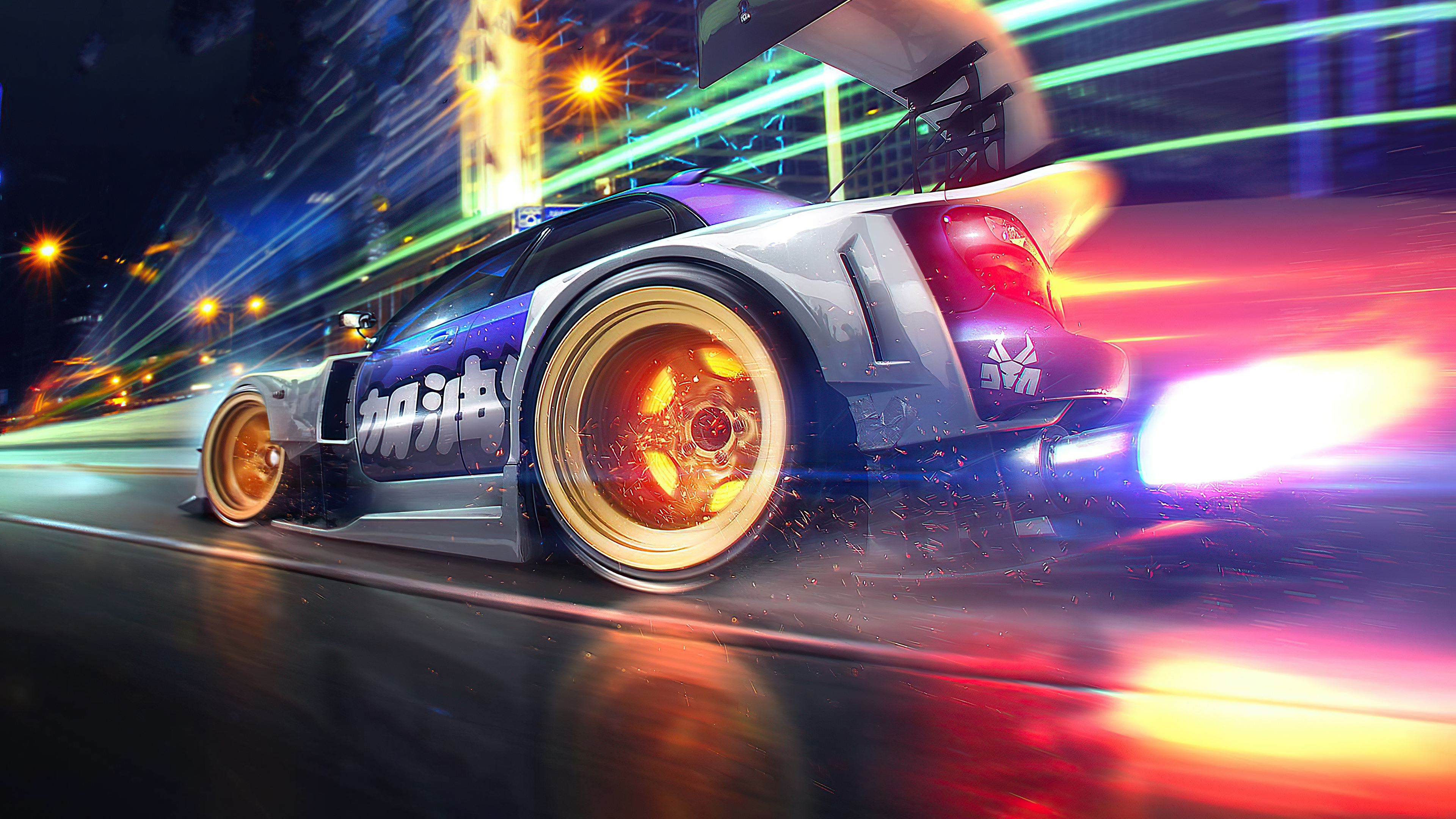Digital art of a Subaru car with flames HD Wallpaper