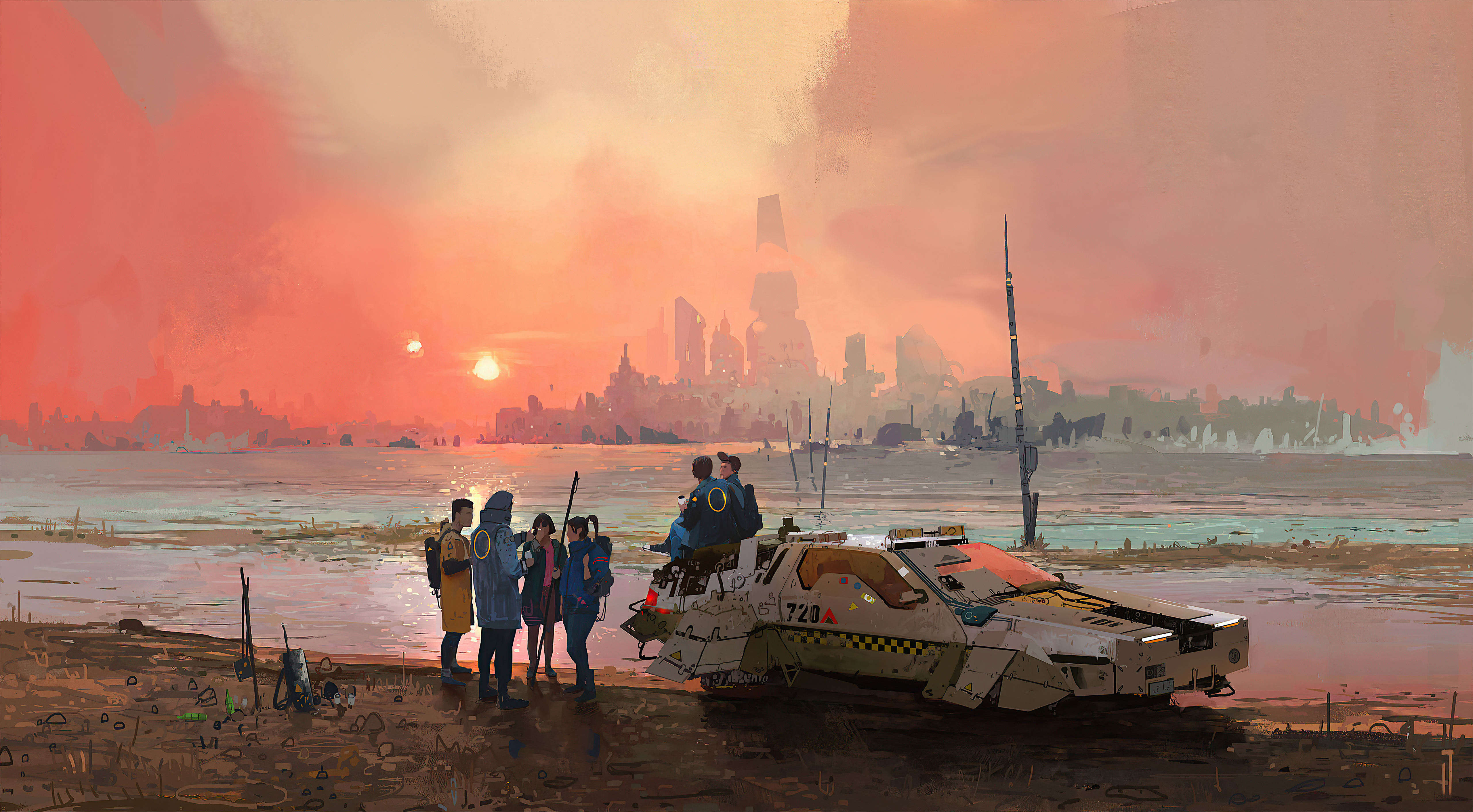 Sci-fi scene with people and vehicle by a city skyline HD Wallpaper