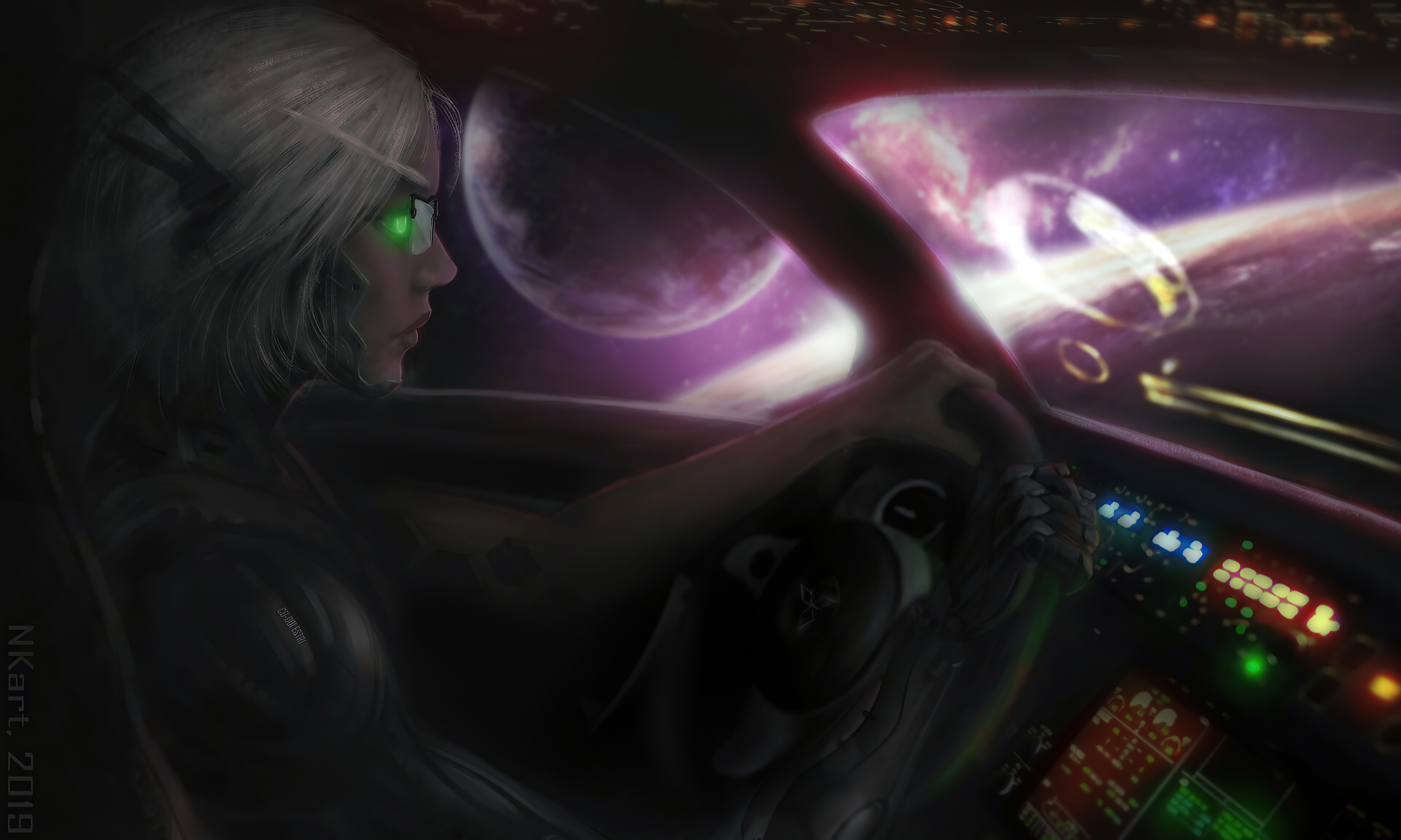 Woman driving a spaceship cockpit with planets in background HD Wallpaper