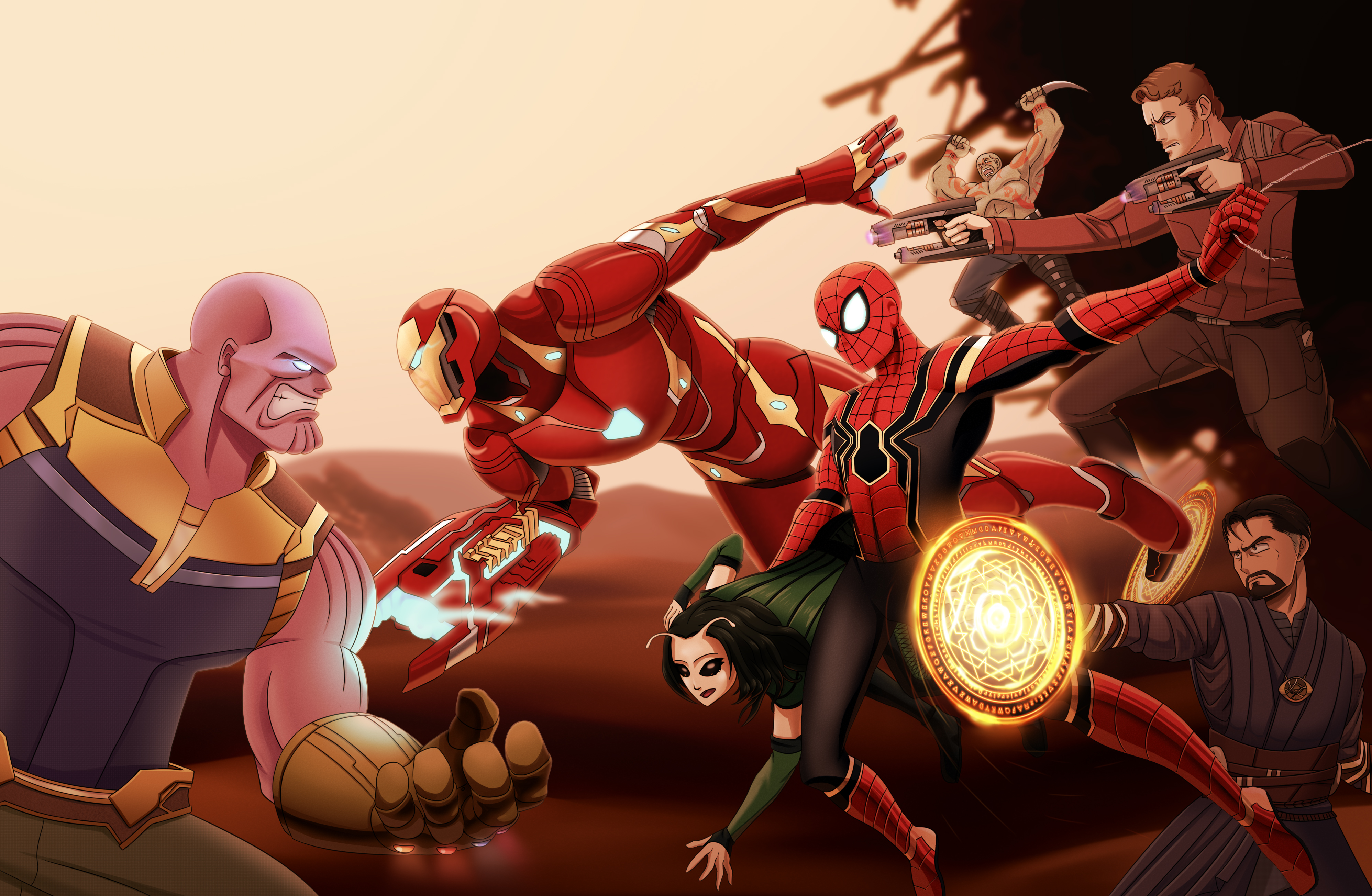 Avengers: Infinity War artwork featuring Thanos, Iron Man, Spider-Man, Mantis, Star-Lord, Drax, and Doctor Strange HD Wallpaper