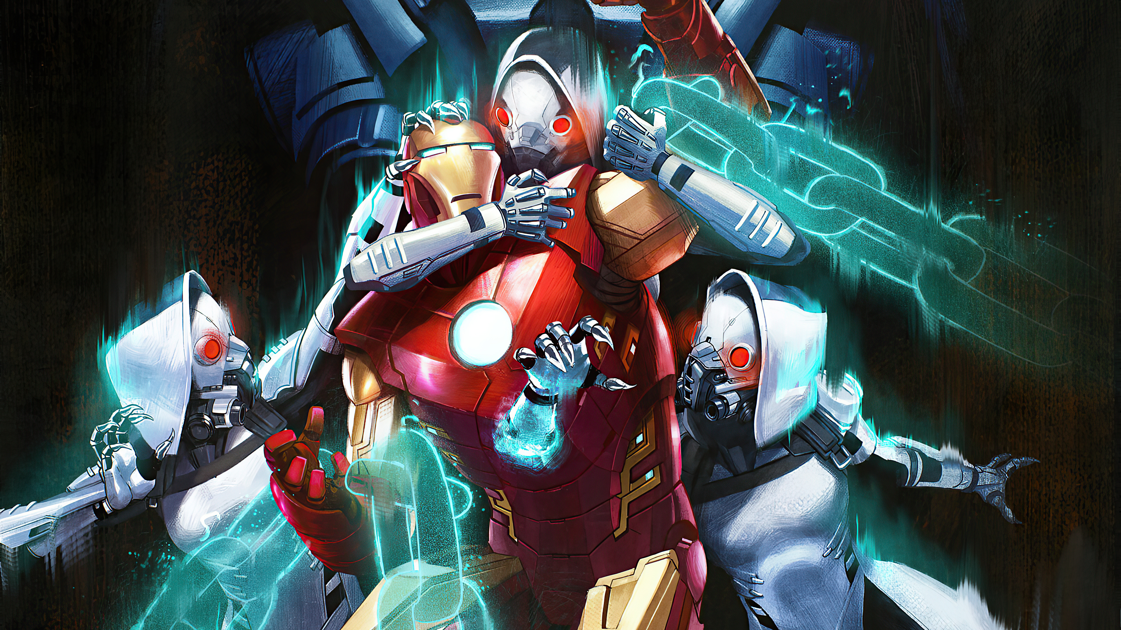 Iron Man and robotic figures with glowing chains HD Wallpaper