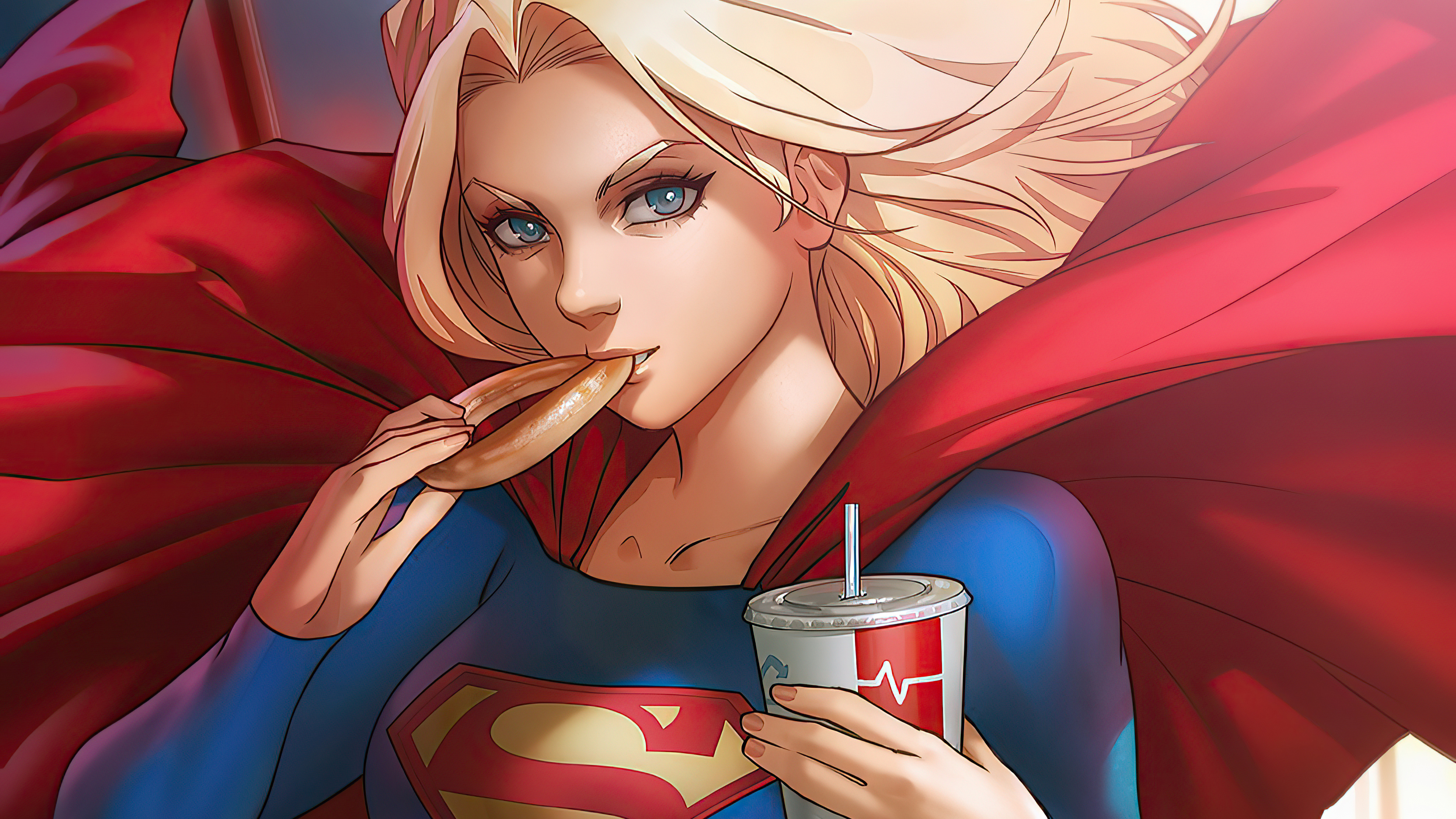 Supergirl eating a hot dog and drinking soda HD Wallpaper
