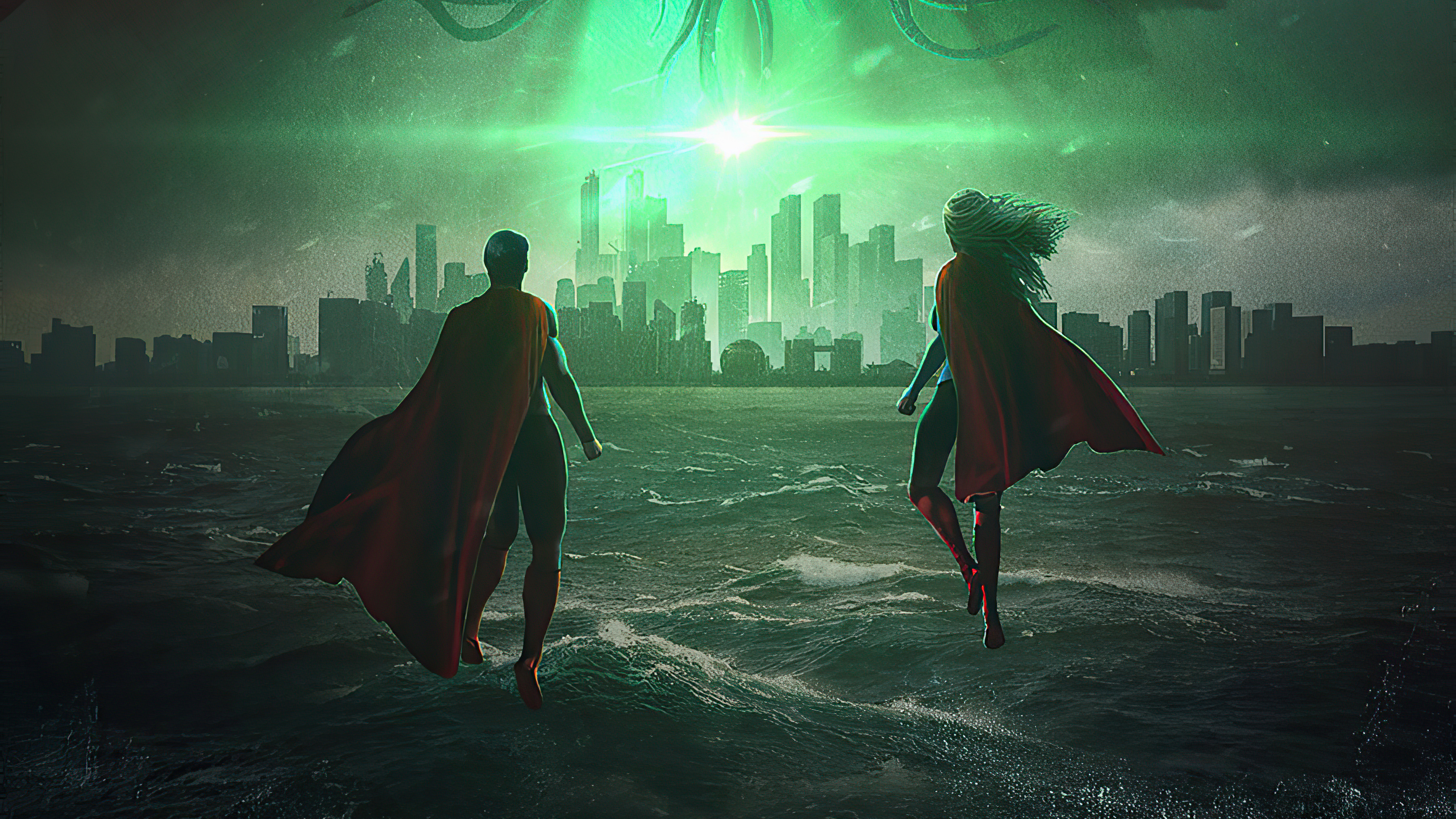 Superman and Supergirl facing a city and alien threat HD Wallpaper