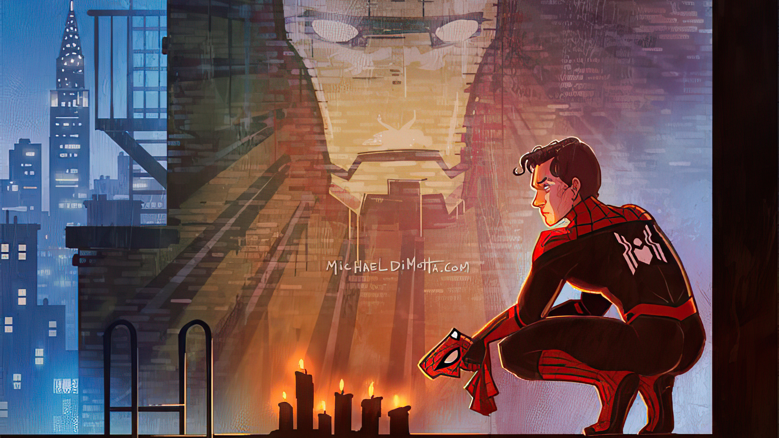 Spider-Man and Iron Man's Mask Artwork by Michael Di Motta HD Wallpaper