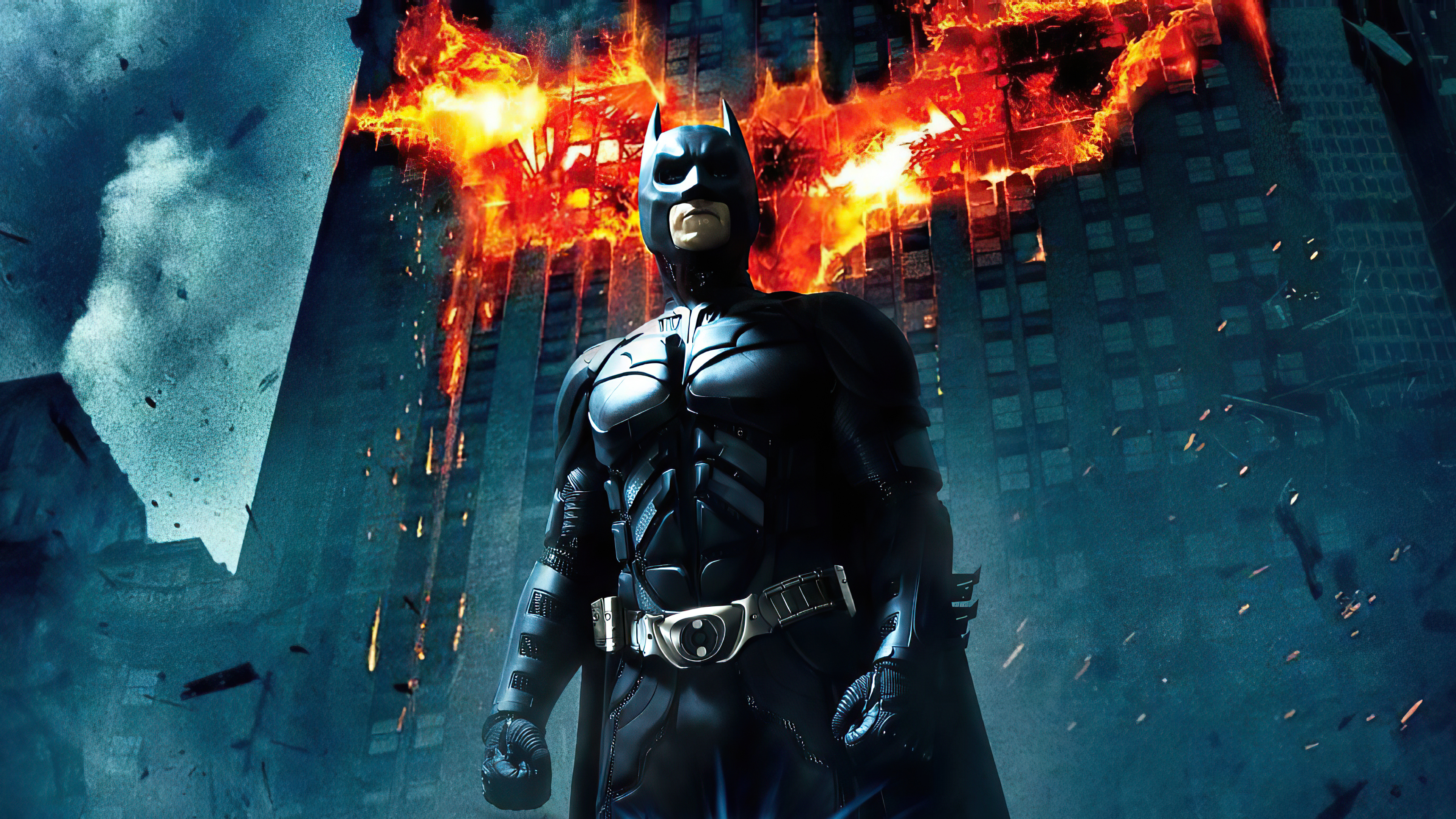 Batman in front of burning building HD Wallpaper