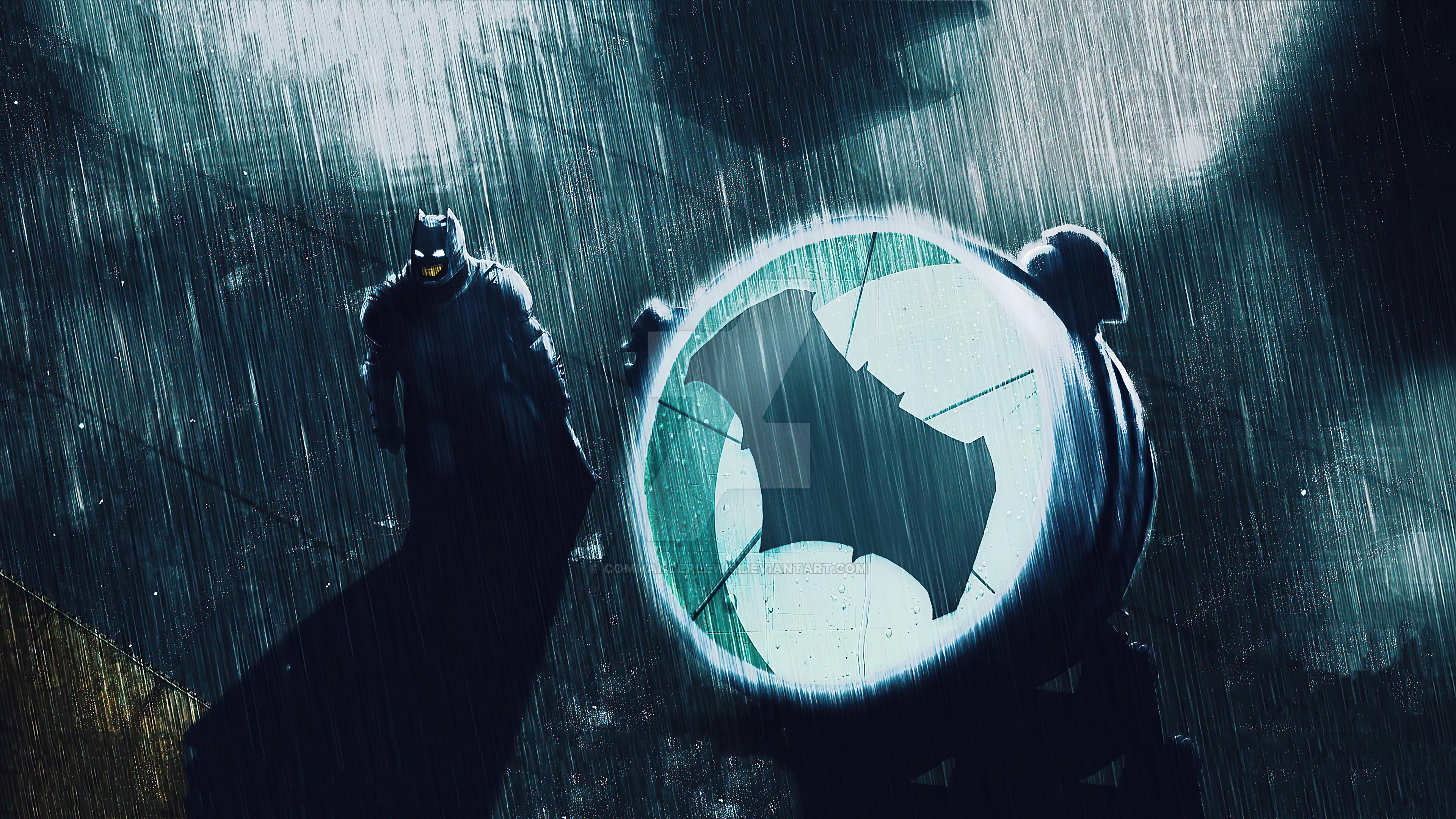 Batman artwork with Bat-Signal in rain HD Wallpaper