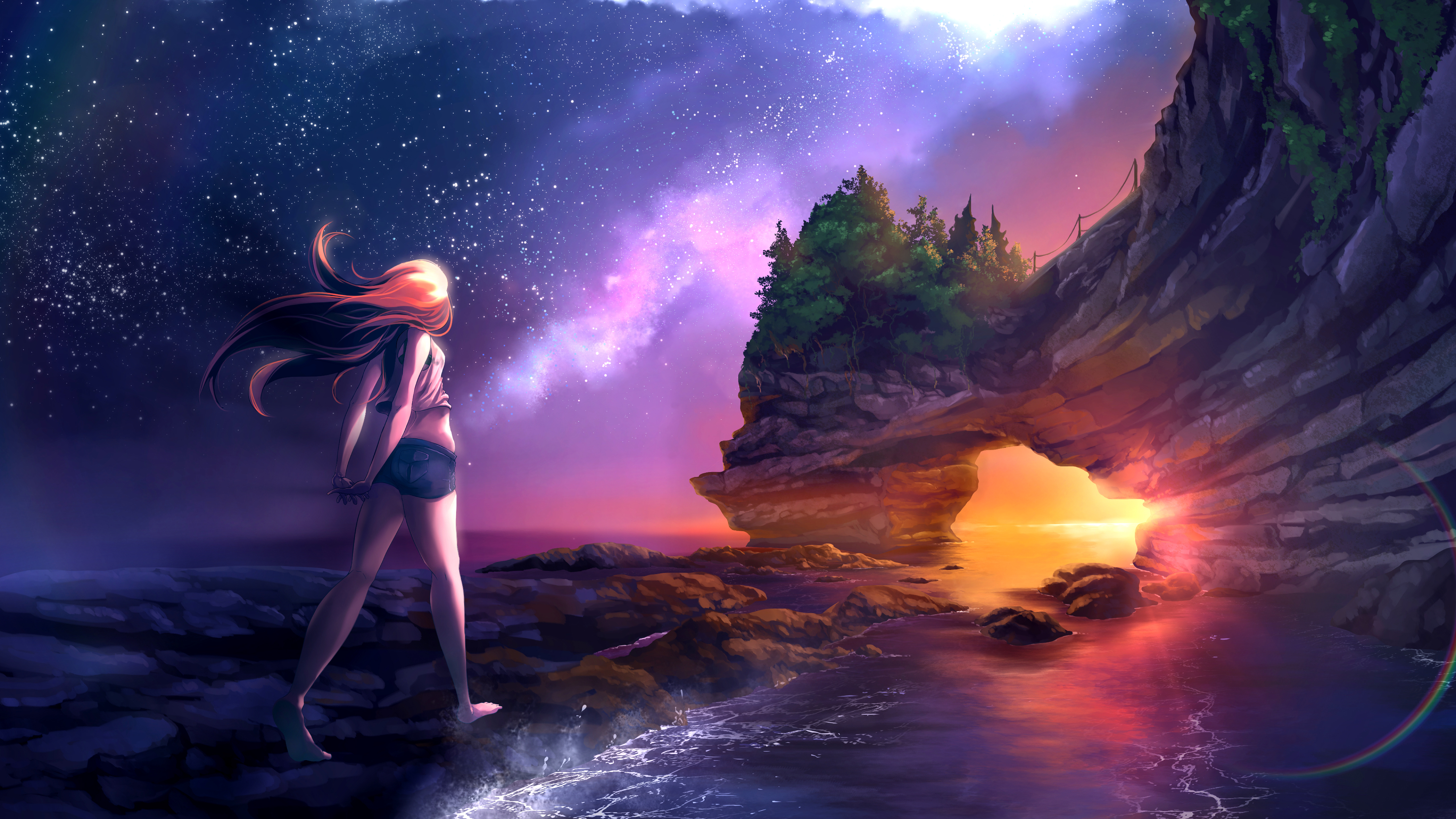 Anime girl looking at the starry sky over the ocean HD Wallpaper