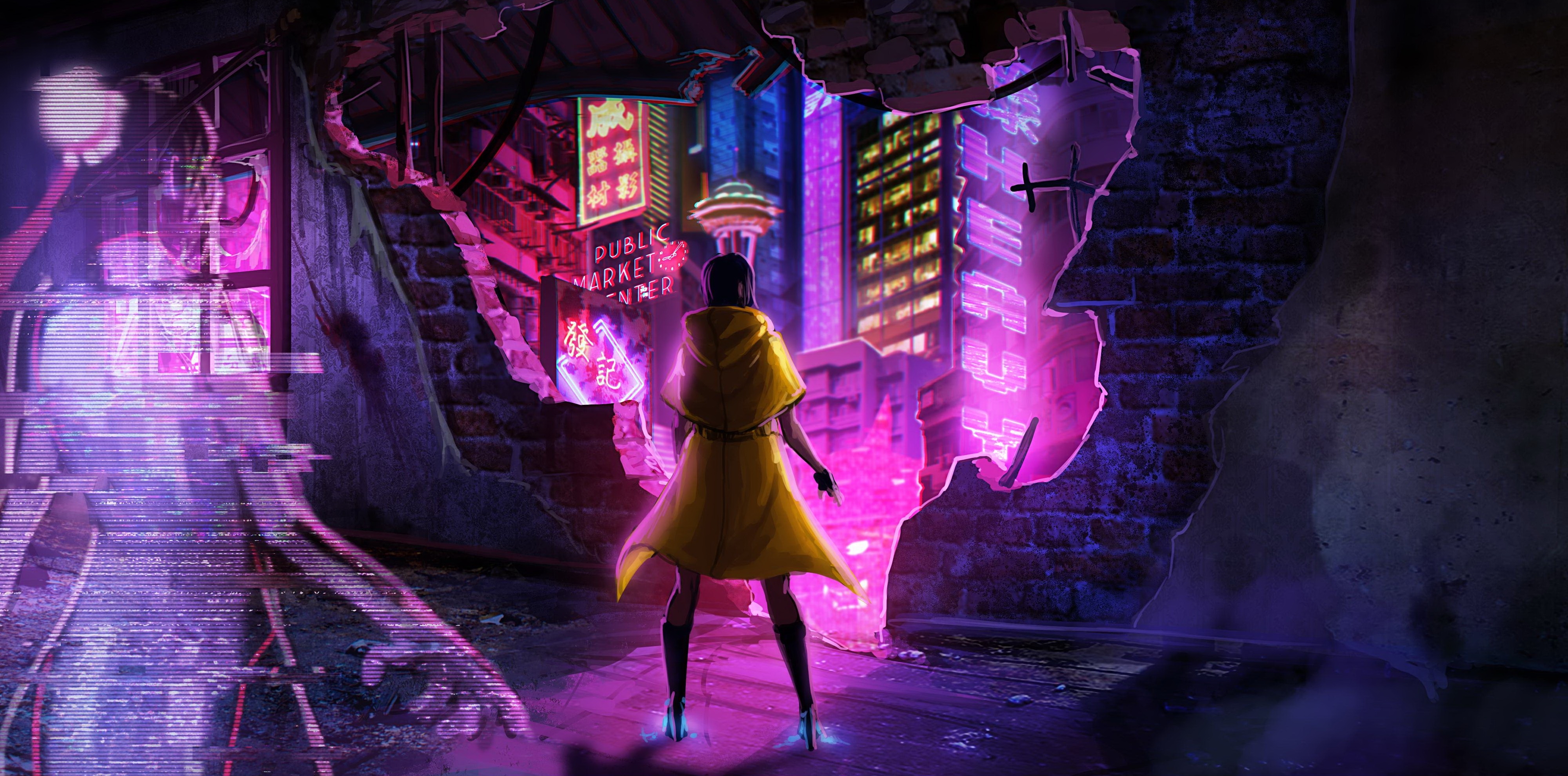 Cyberpunk artwork of a person in a yellow coat HD Wallpaper