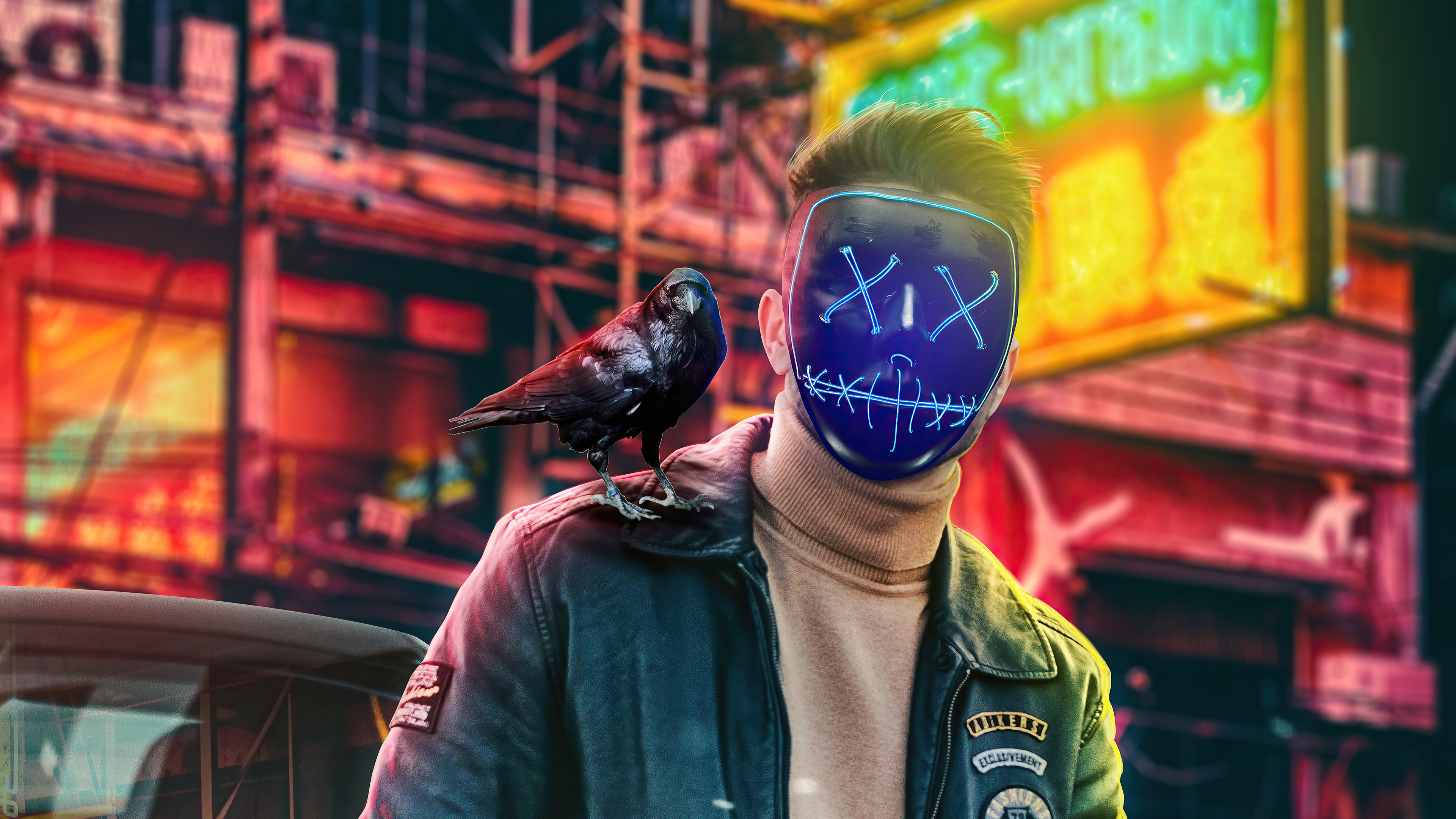 Man in a neon mask with a raven HD Wallpaper