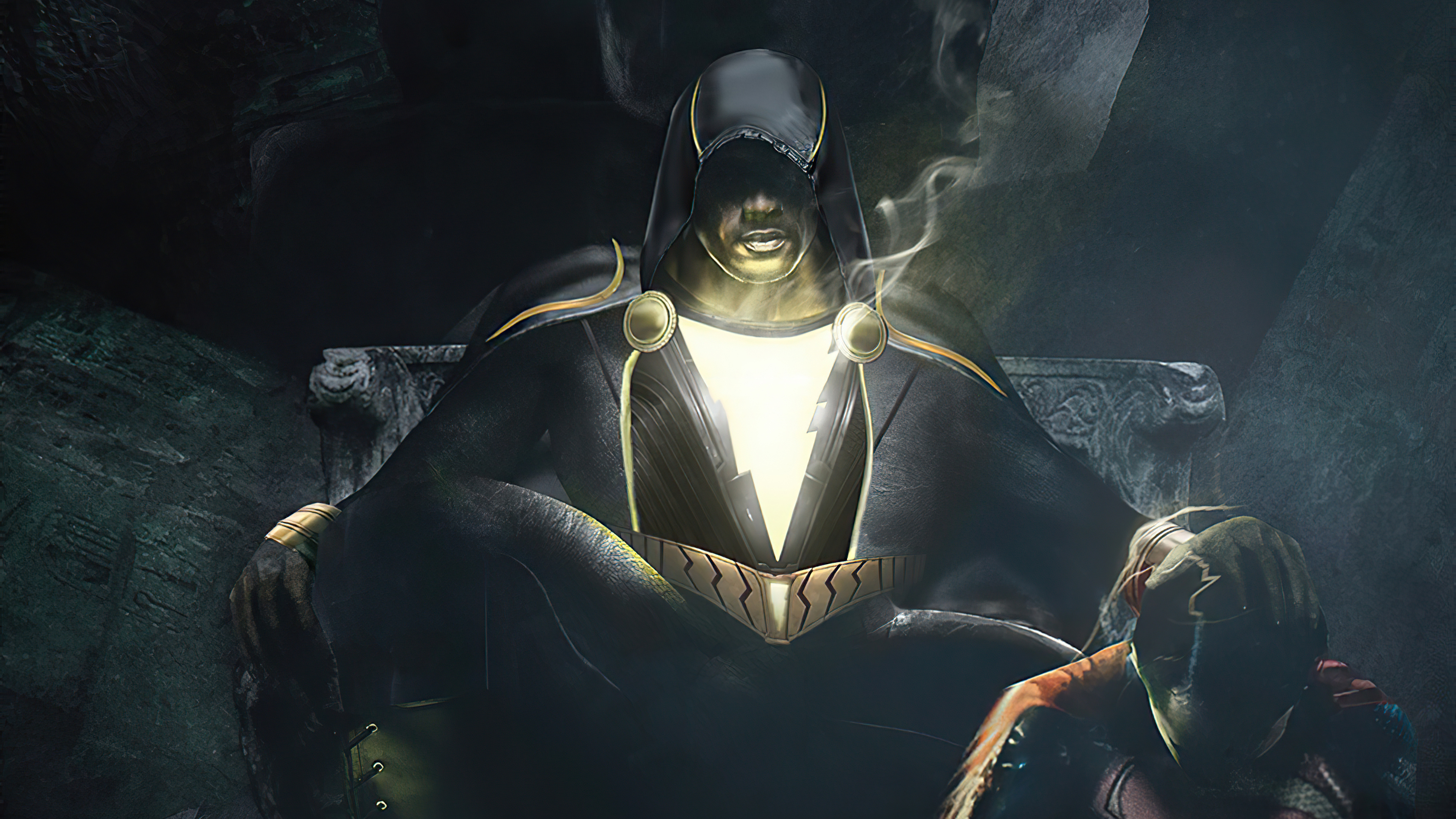 Black Adam sitting on a throne with a defeated figure HD Wallpaper