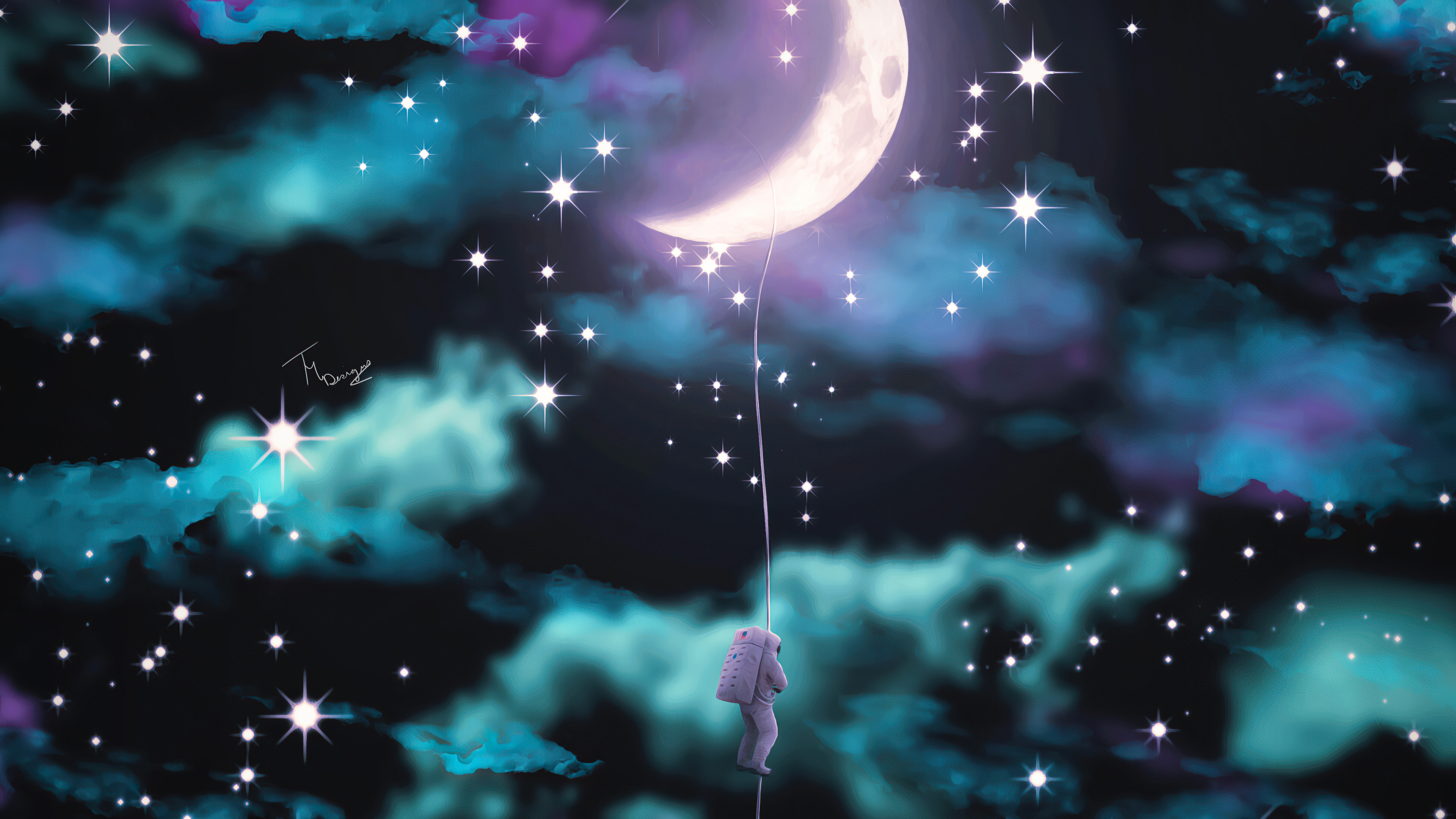 Astronaut climbing a rope to the moon with stars HD Wallpaper