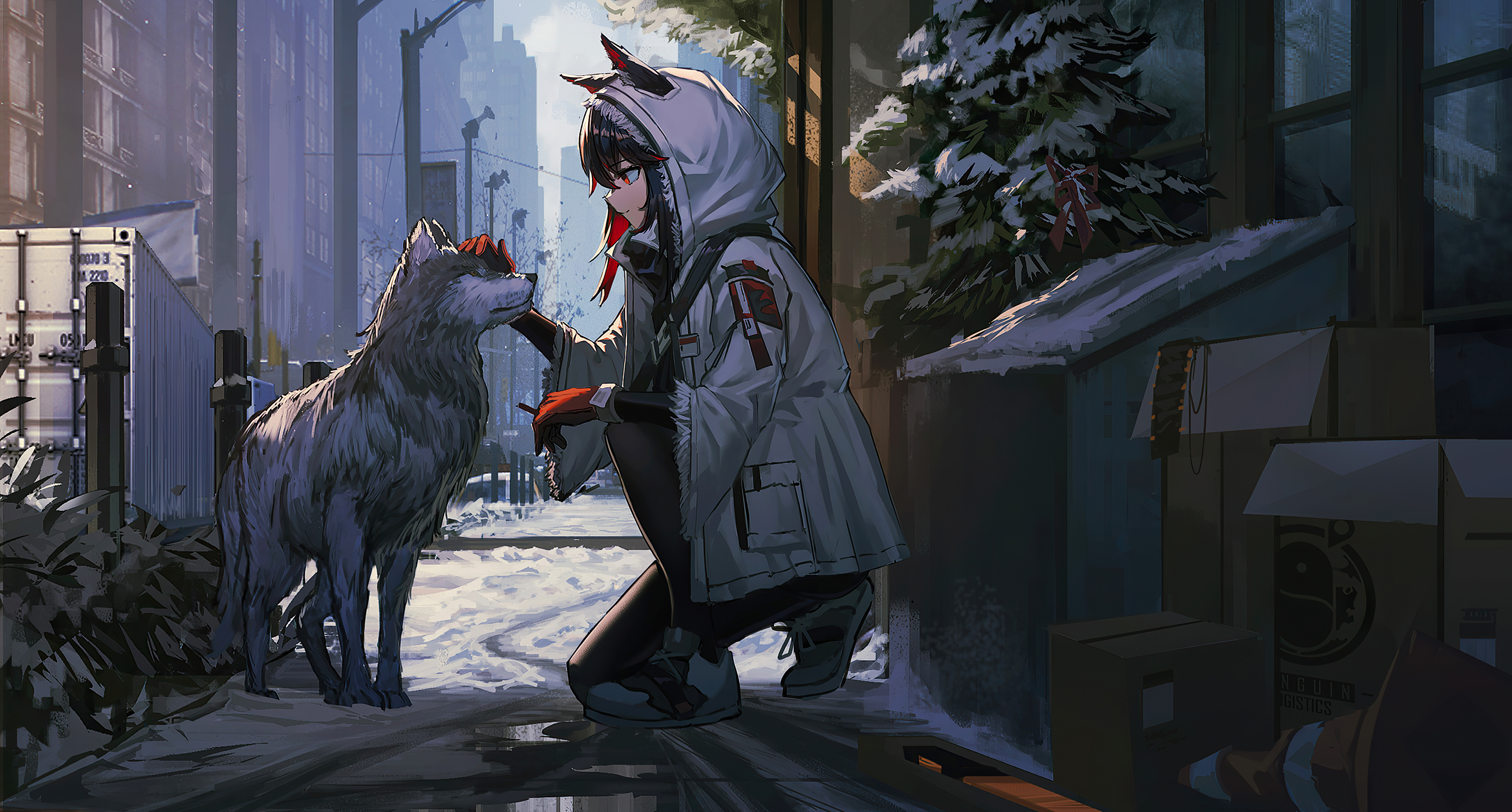 Anime girl petting a wolf in a snowy city HD Wallpaper