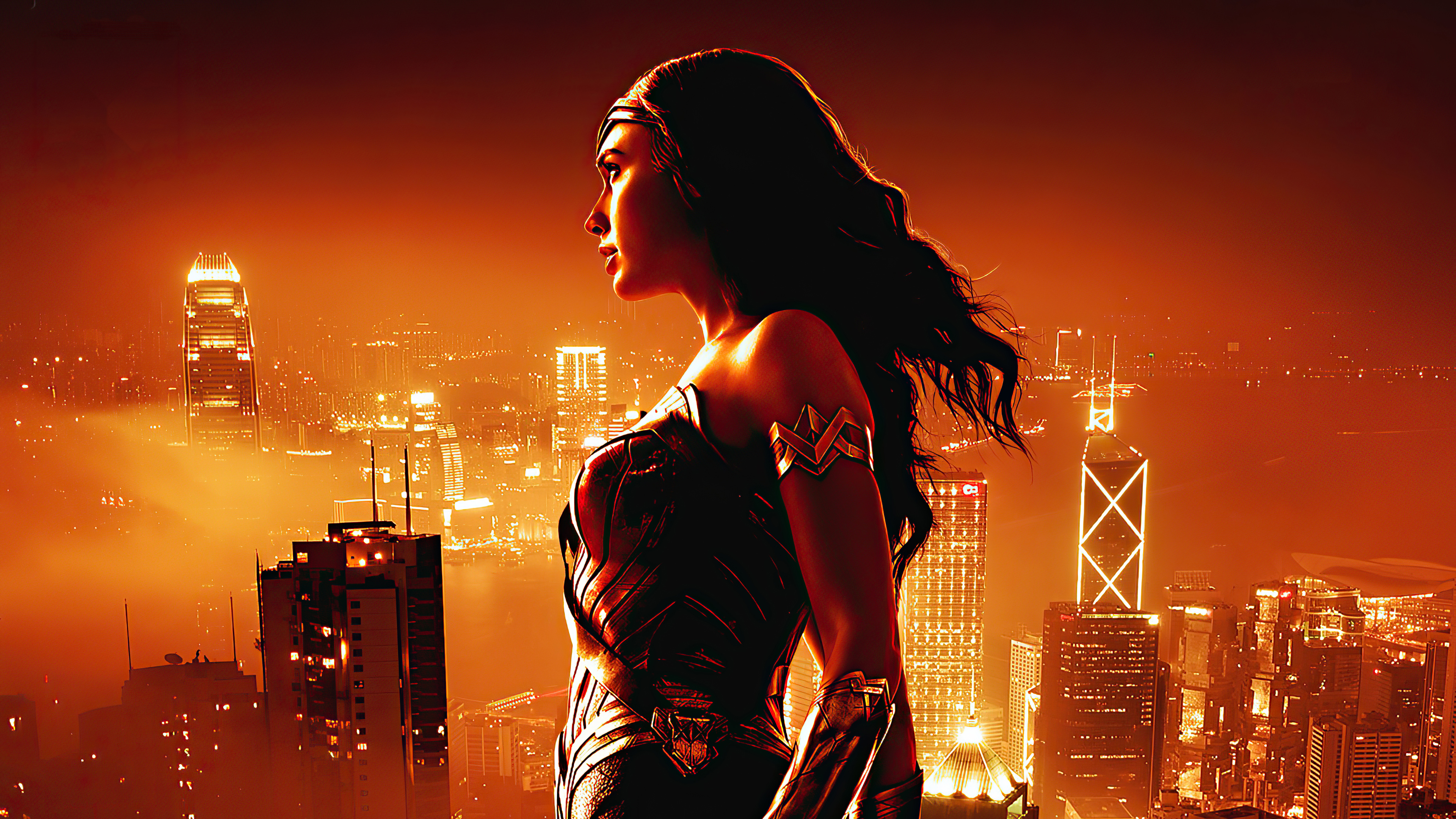 Wonder Woman in a city at sunset HD Wallpaper