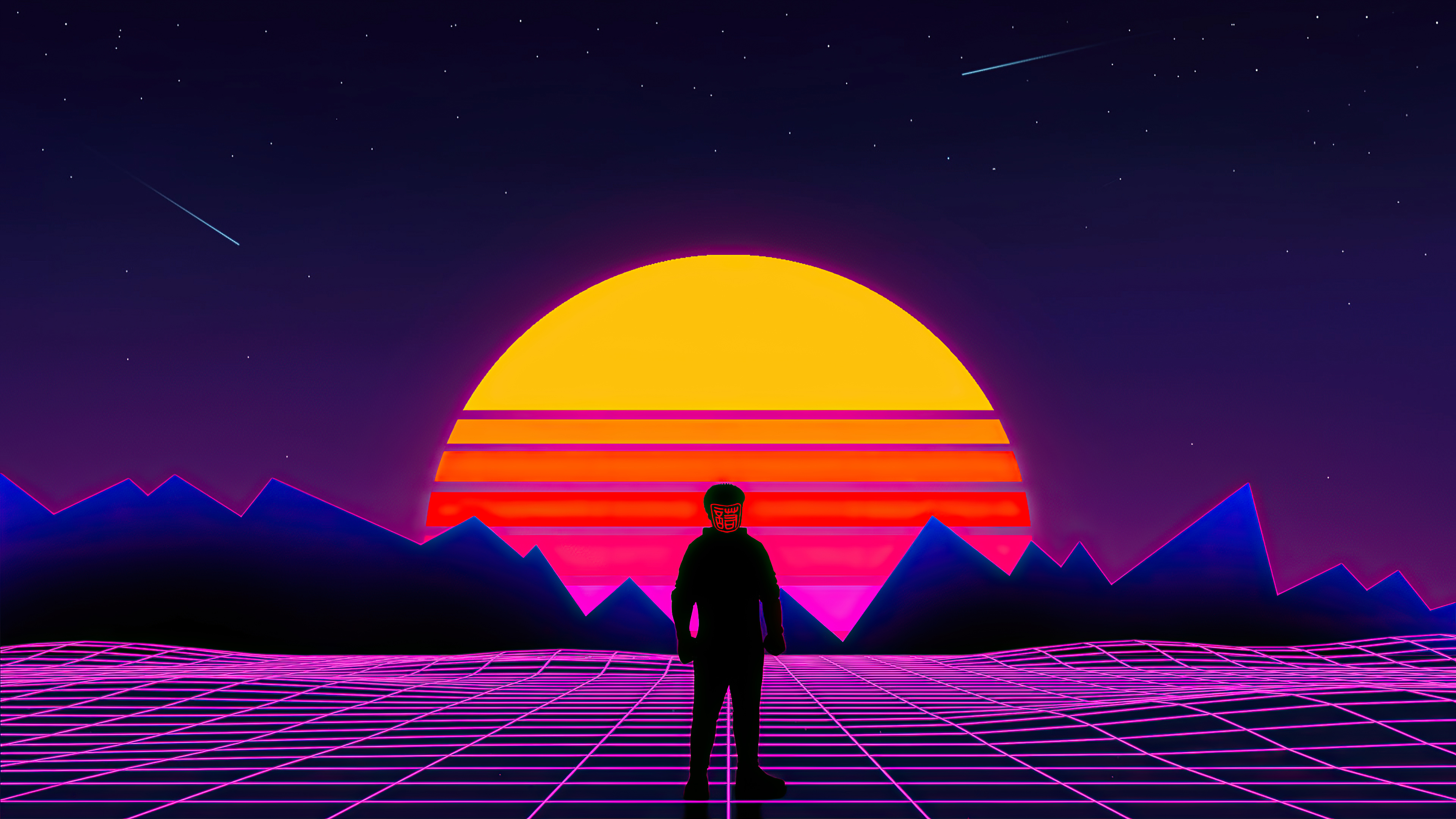 Retrowave artwork with a person in silhouette HD Wallpaper