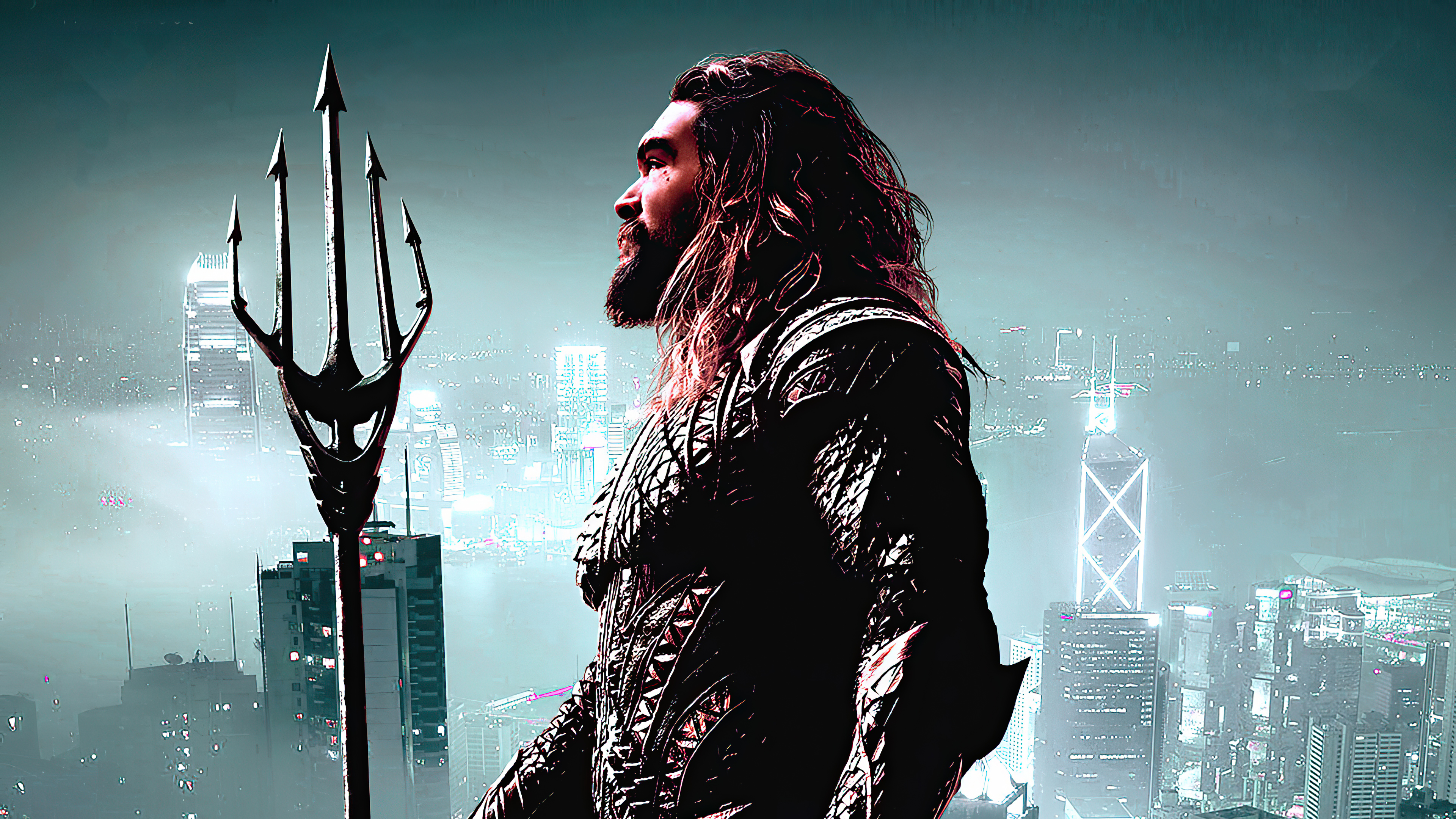 Aquaman with Trident overlooking Cityscape HD Wallpaper