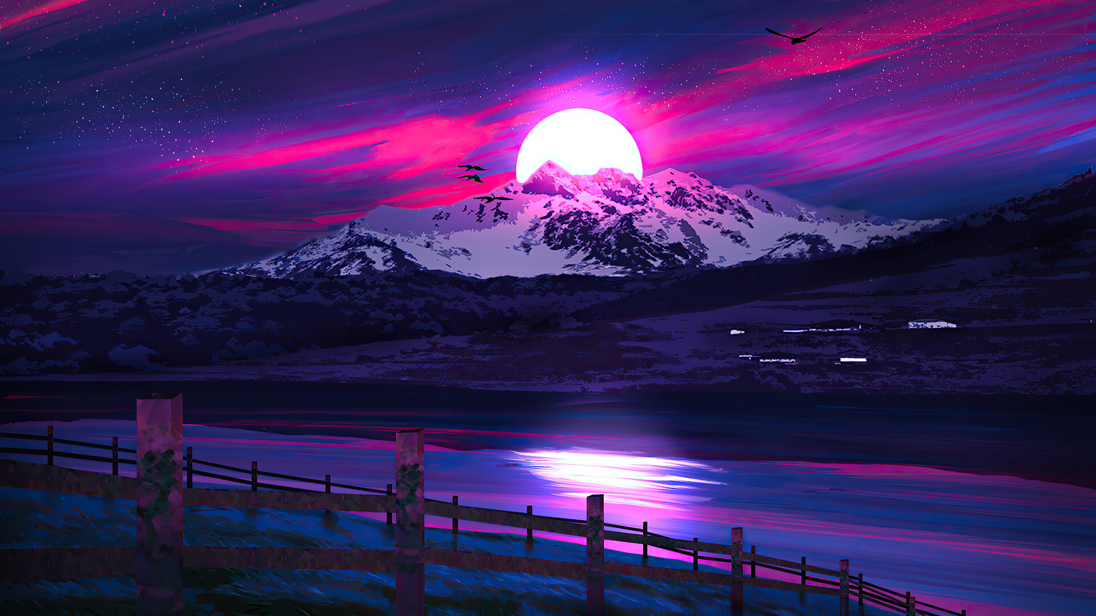 Digital art of a mountain landscape at sunset HD Wallpaper