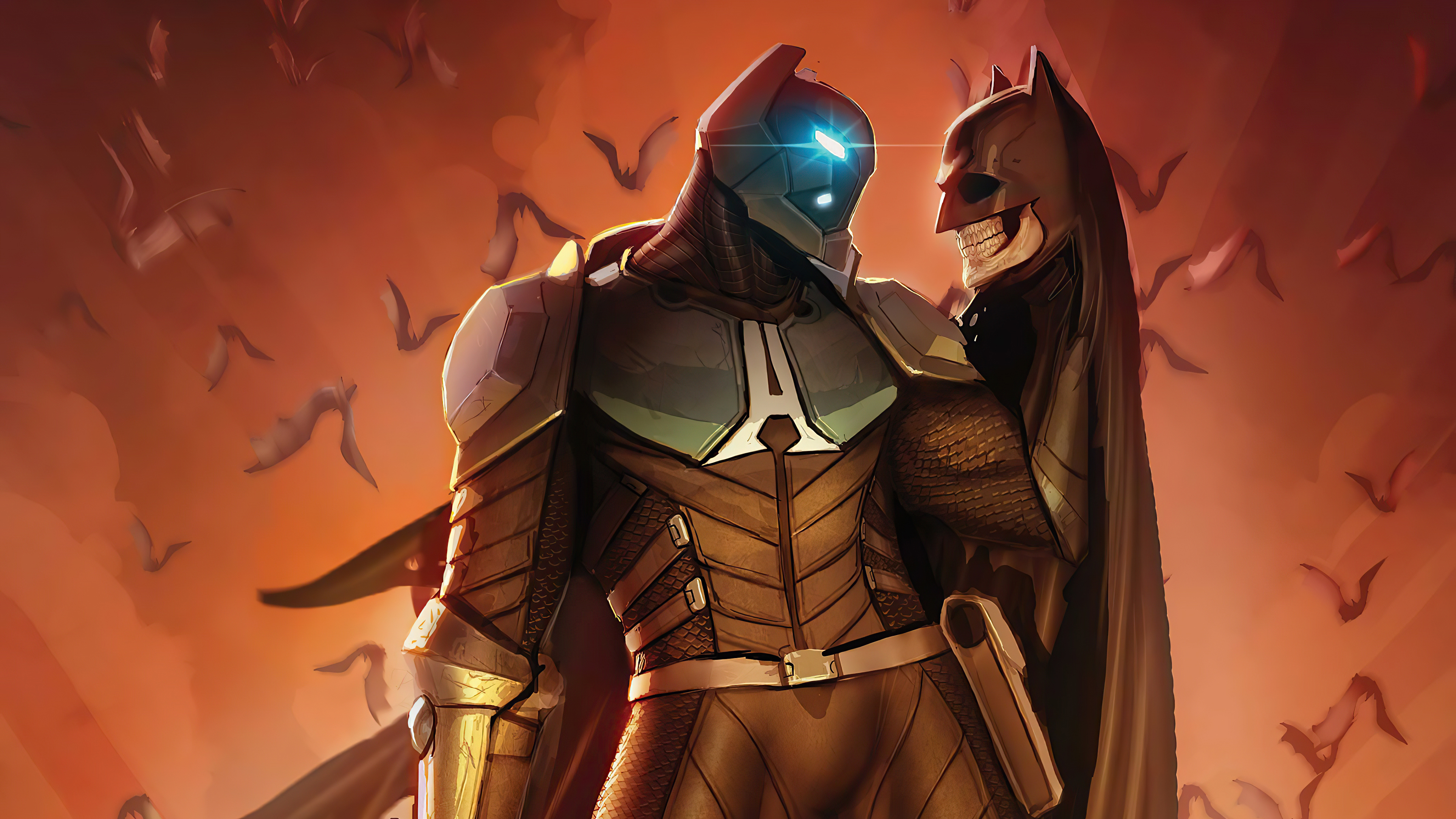 Batman and armored figure with bats HD Wallpaper