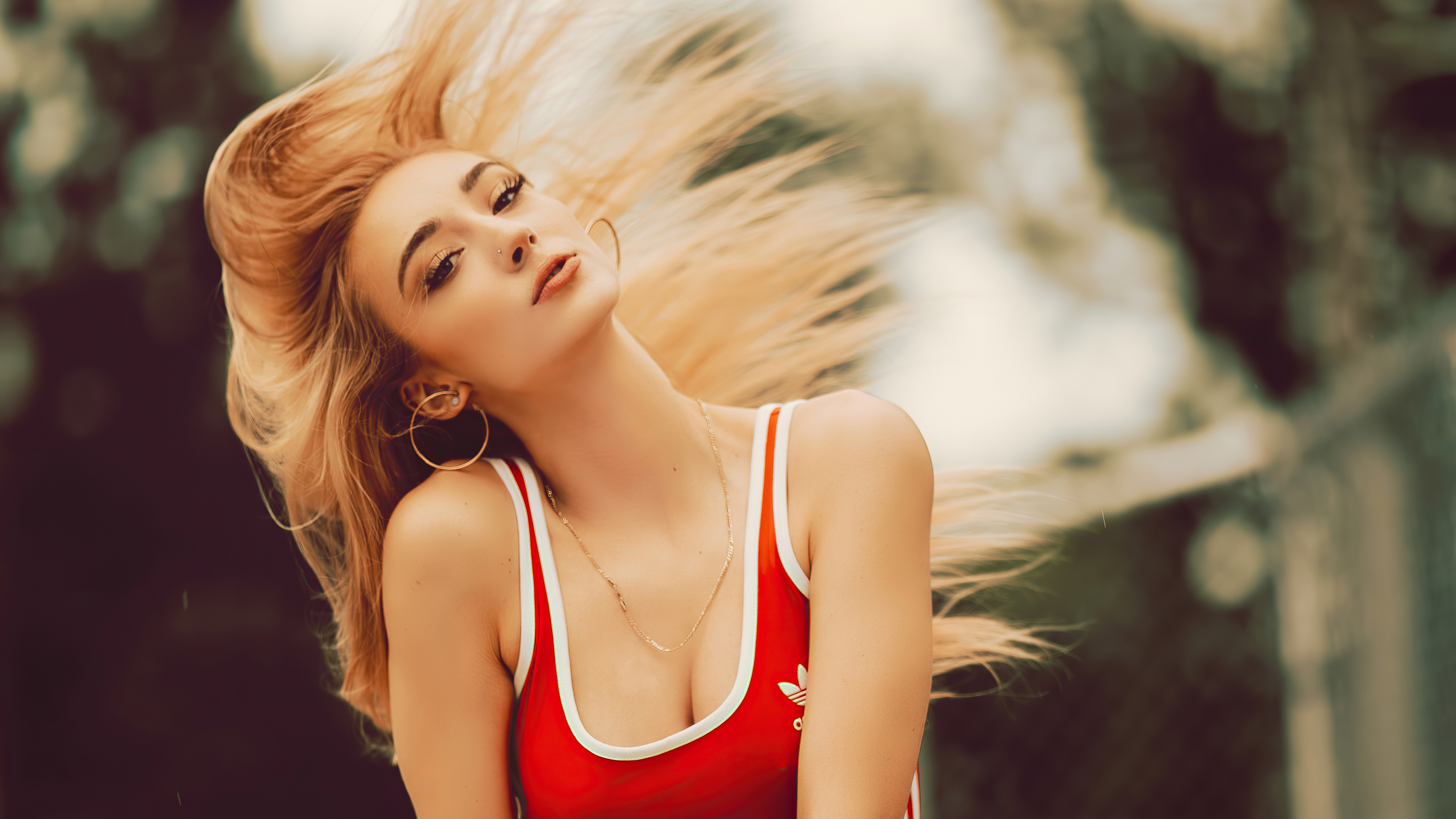Blonde model in red Adidas swimsuit HD Wallpaper