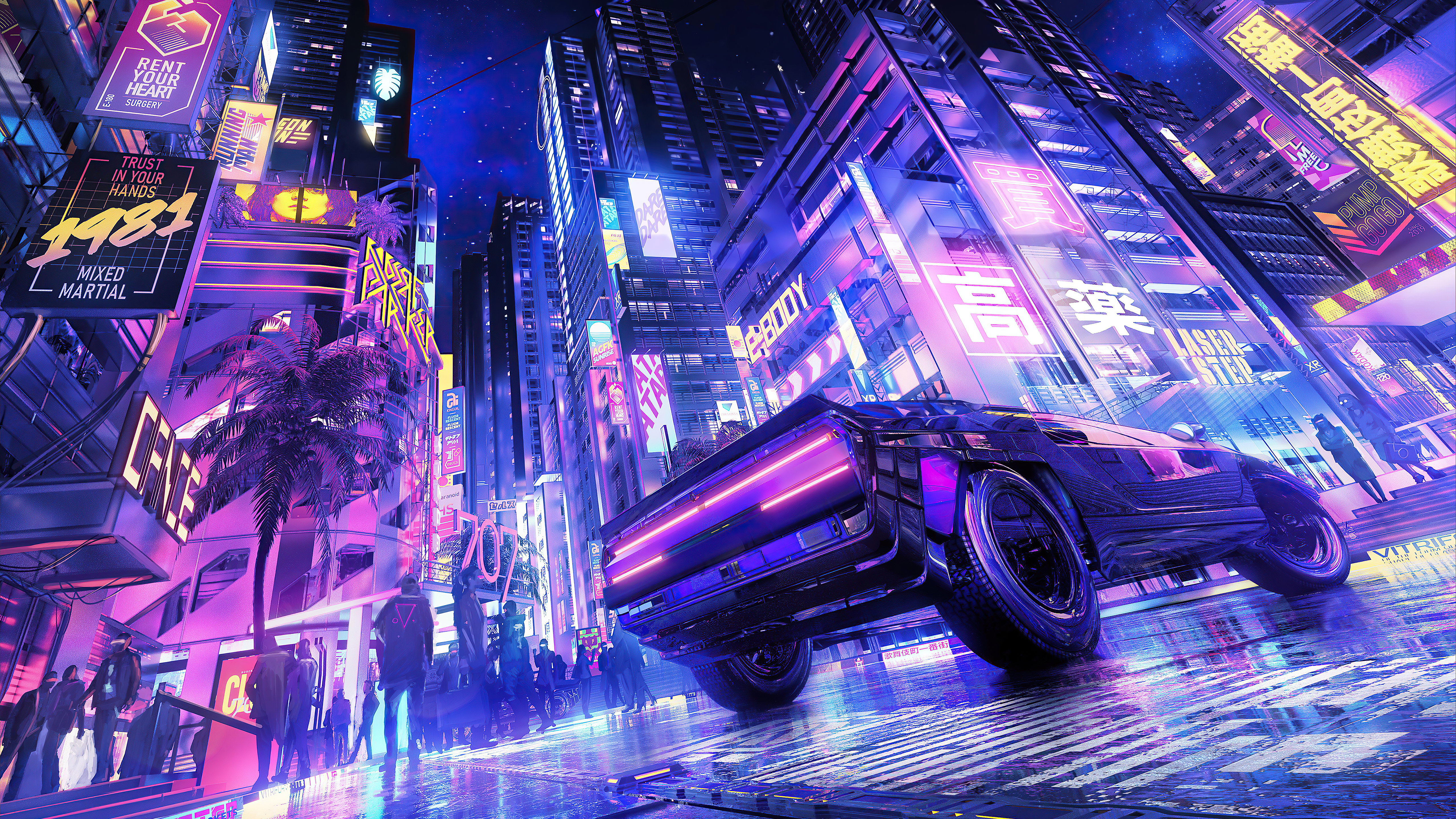 Cyberpunk city street with a futuristic car HD Wallpaper