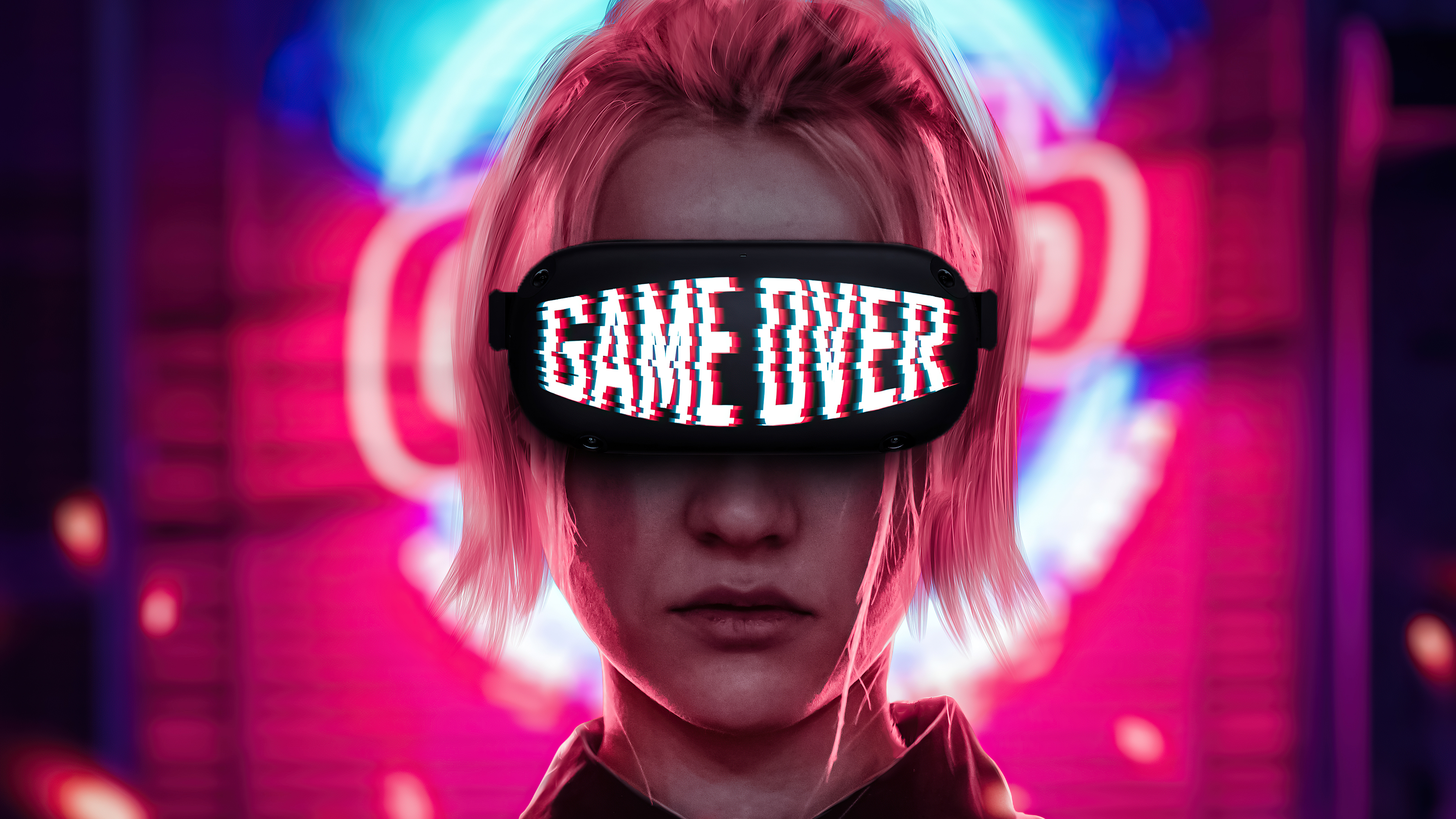 Woman wearing VR headset with "GAME OVER" text HD Wallpaper