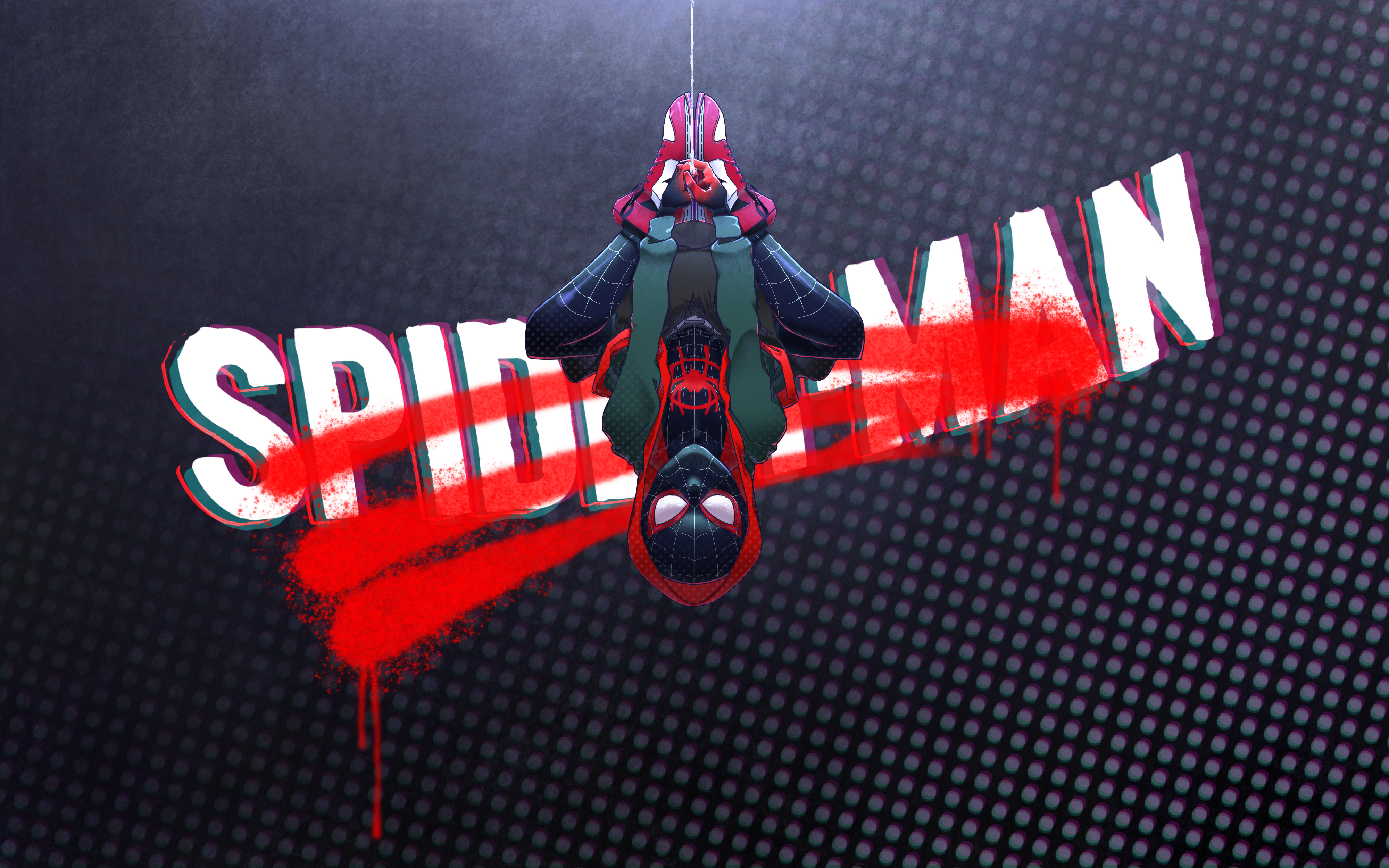 Spider-Man hanging upside down with graffiti logo HD Wallpaper