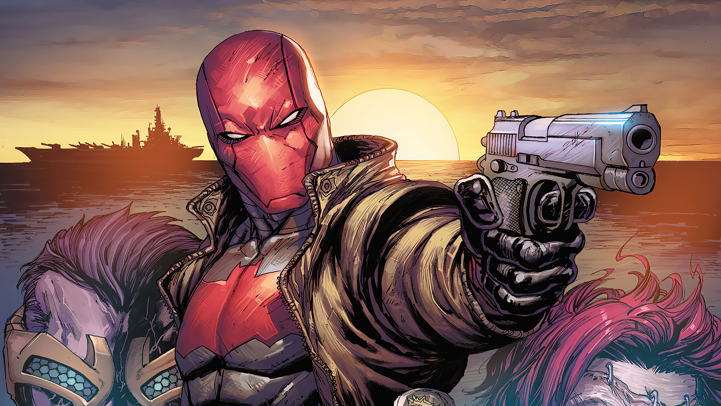 Red Hood aiming a handgun with a warship in the background HD Wallpaper
