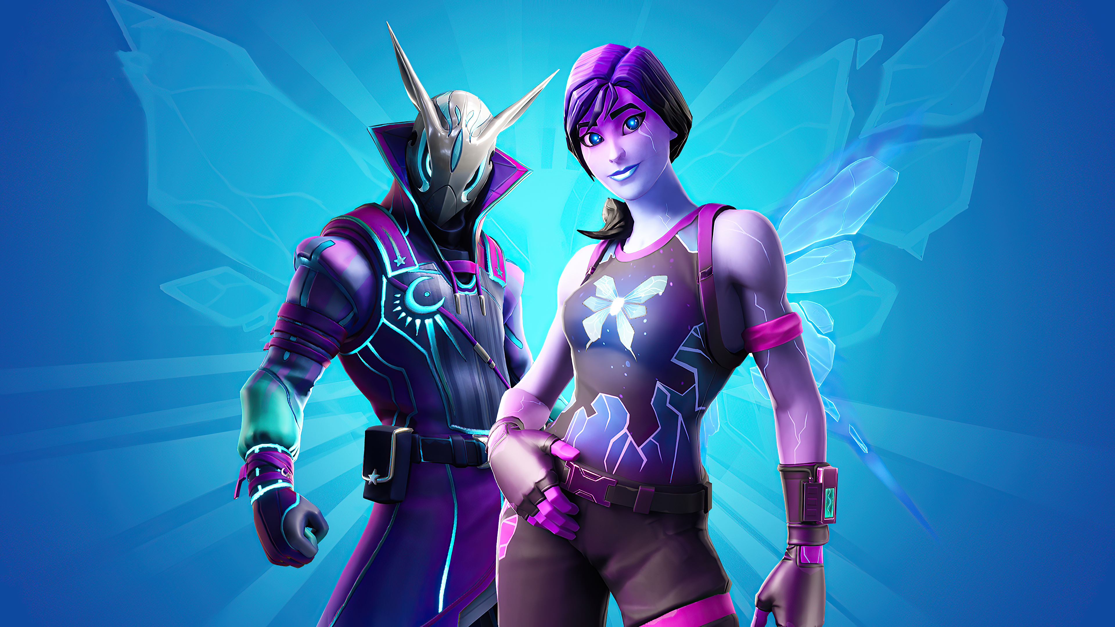 Fortnite characters with purple and blue designs HD Wallpaper