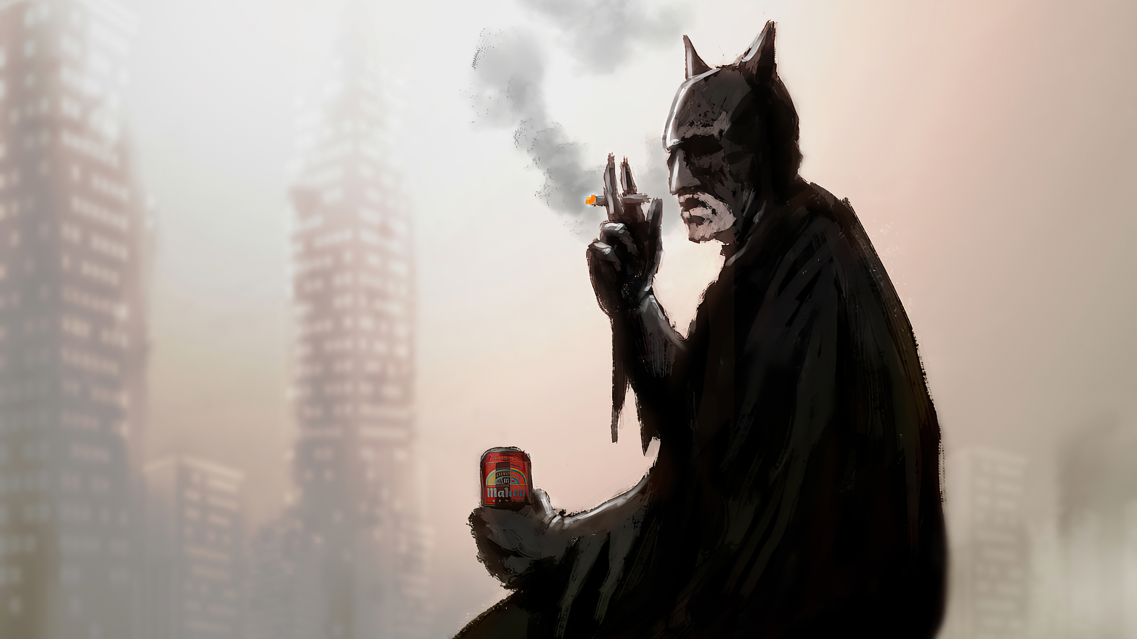 Batman smoking and drinking in a ruined city 4K HD Wallpaper