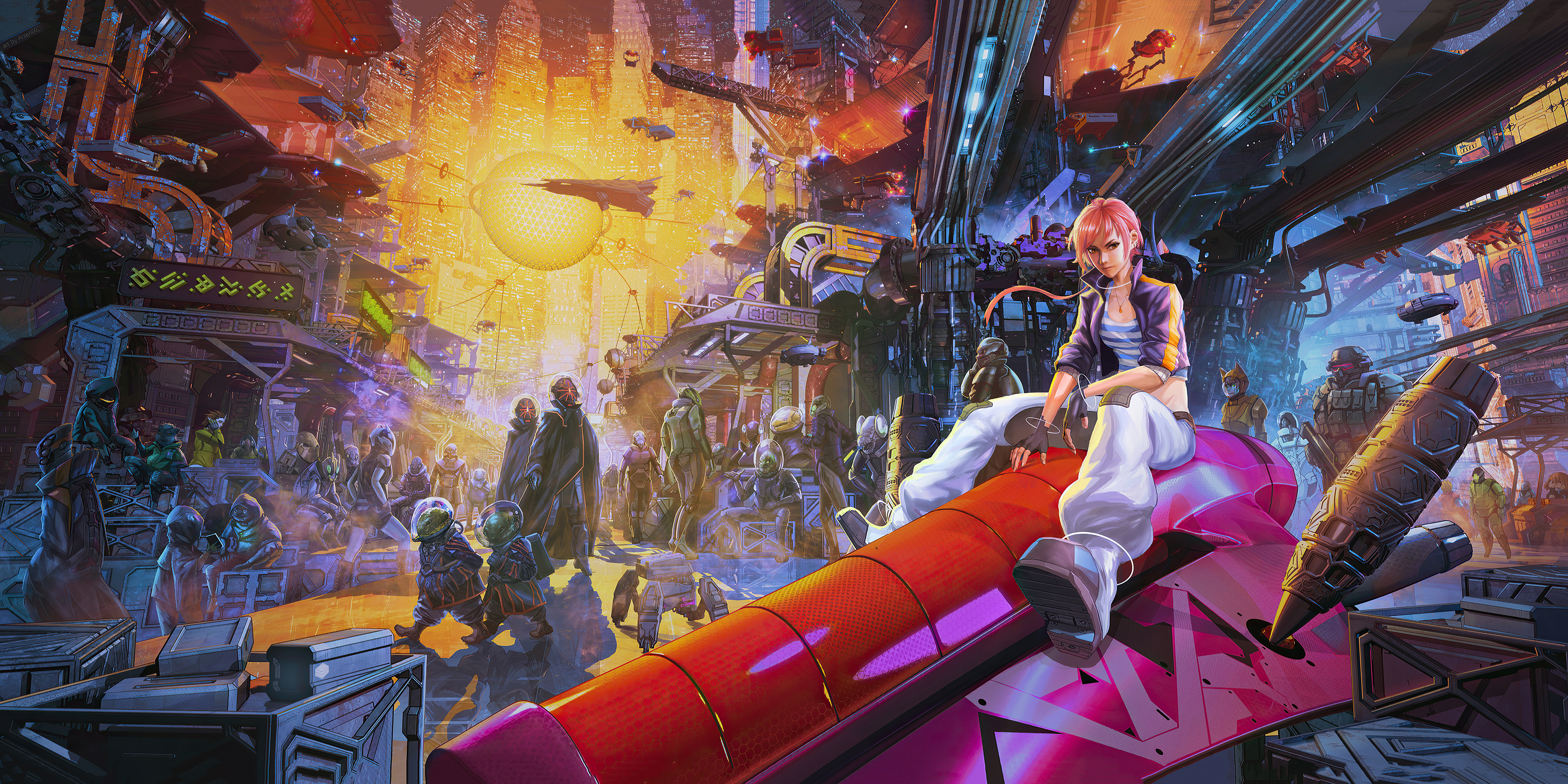 Cyberpunk Cityscape with a Woman on a Vehicle HD Wallpaper