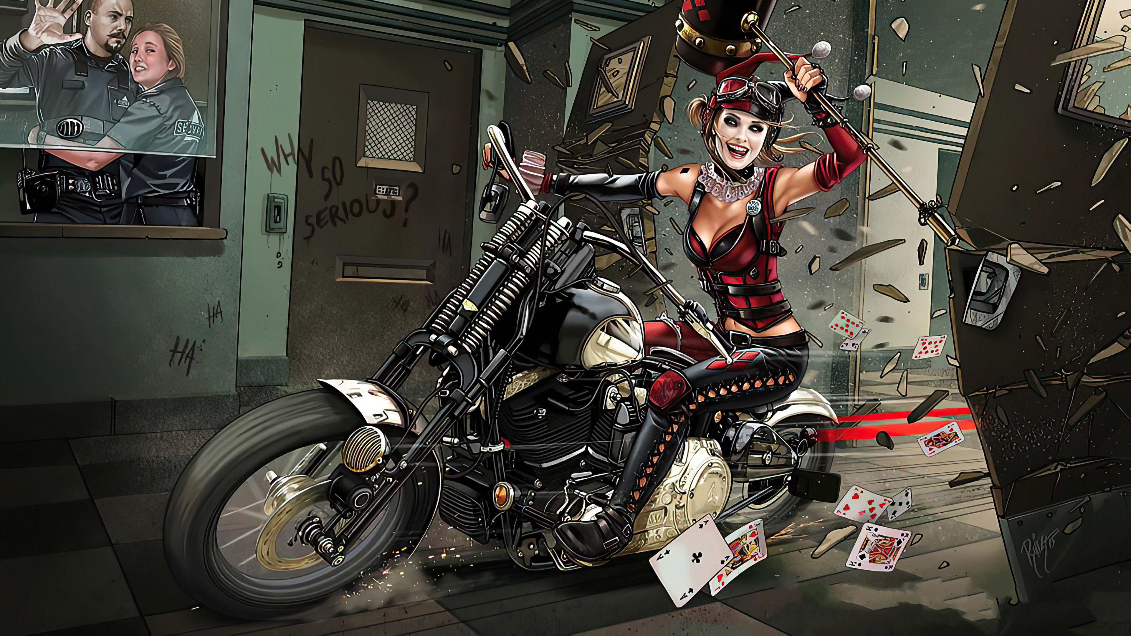 Harley Quinn on a motorcycle breaking through a wall HD Wallpaper