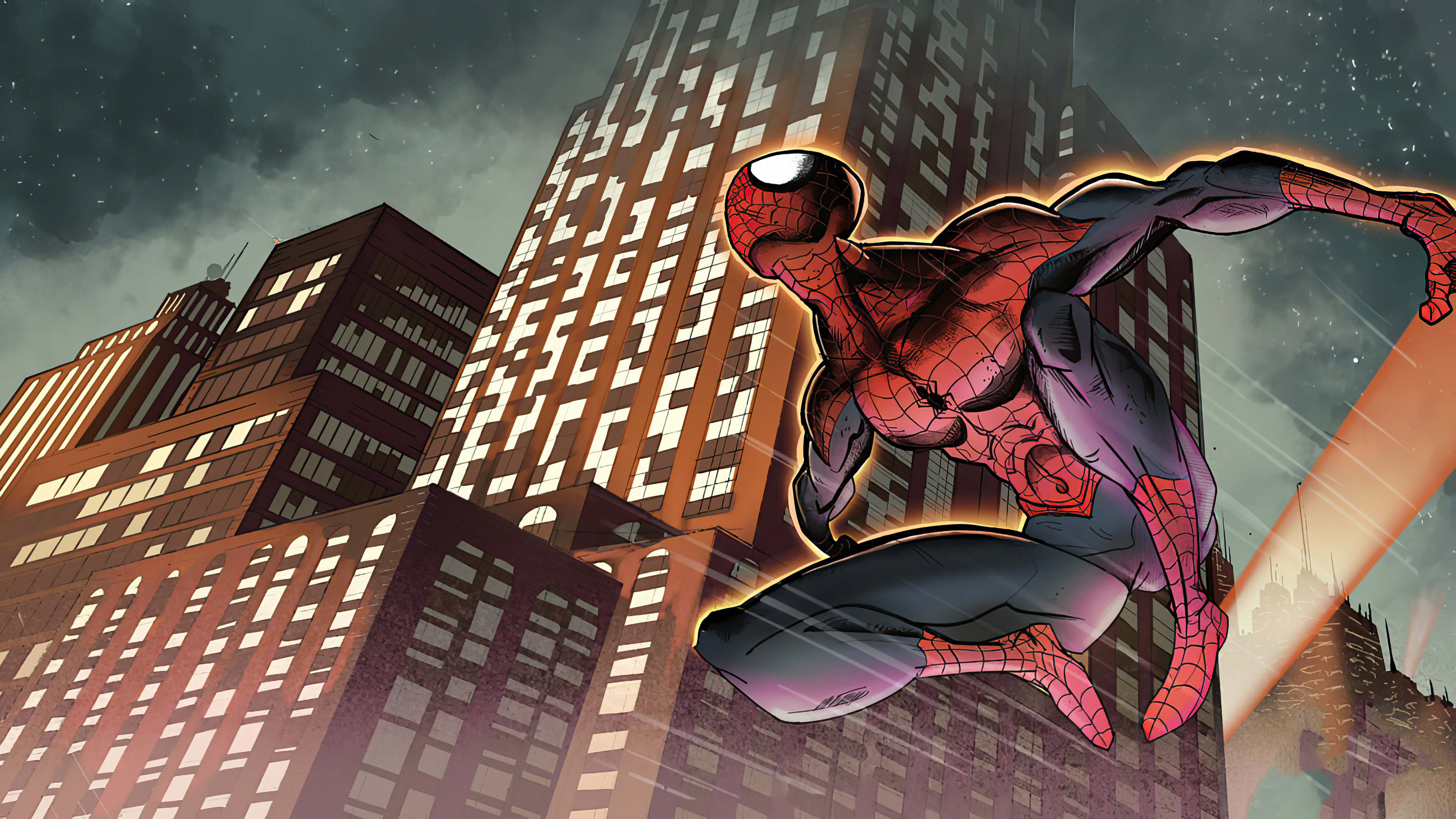 Spider-Man leaping through a city at night HD Wallpaper
