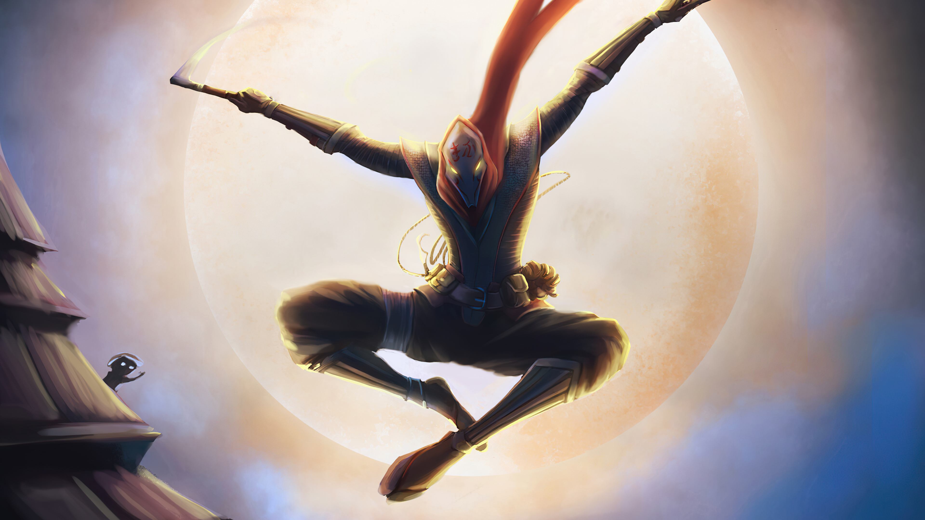 Ninja leaping in front of a large moon HD Wallpaper
