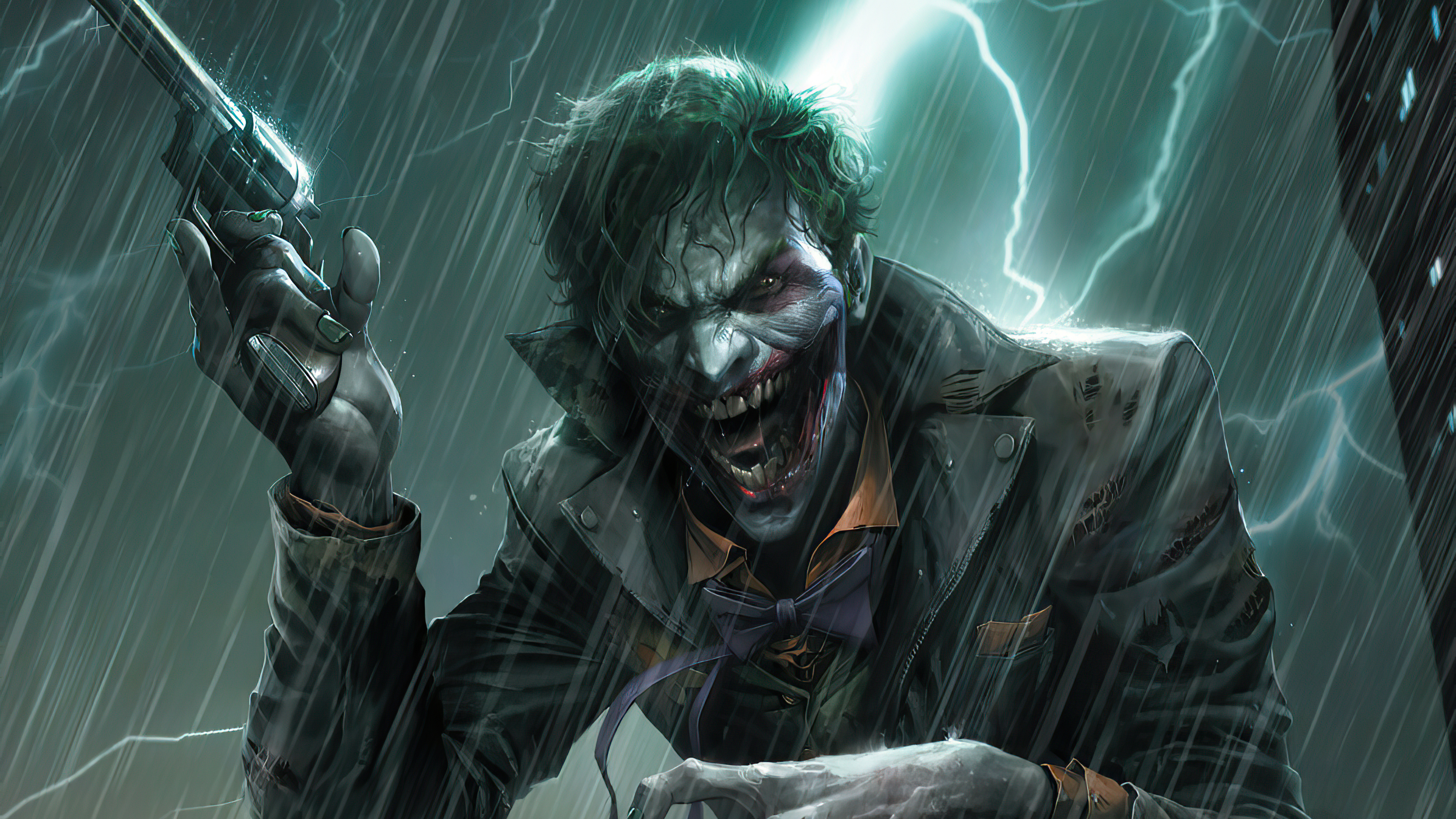 Joker holding a gun in the rain HD Wallpaper
