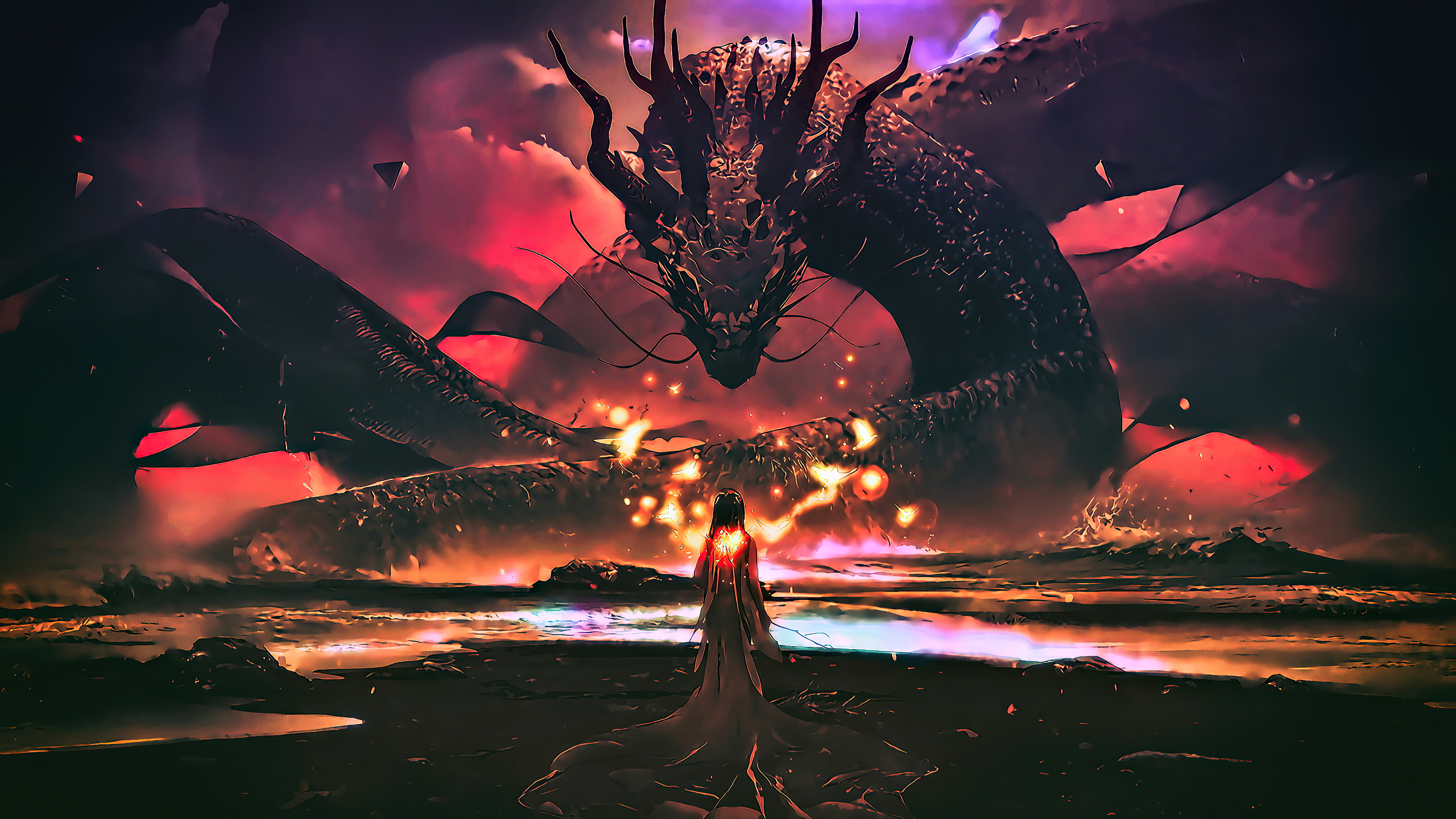Dragon and person in digital art HD Wallpaper