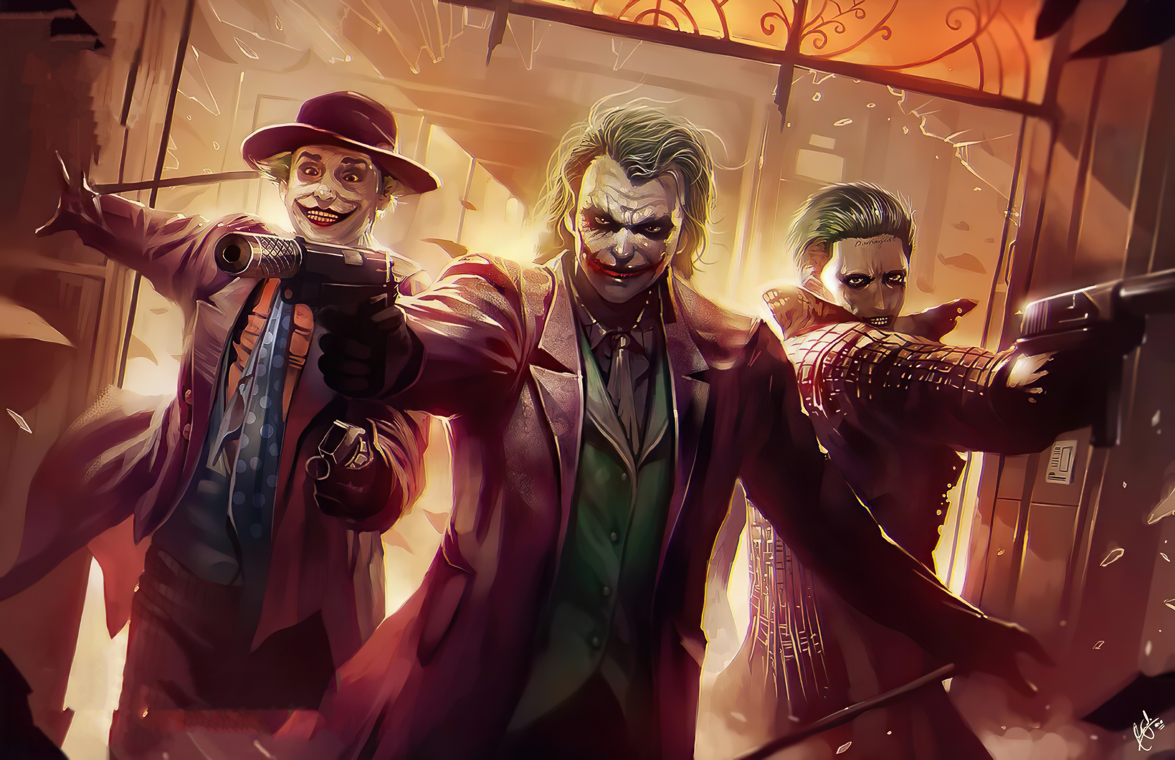 Three Jokers with guns HD Wallpaper