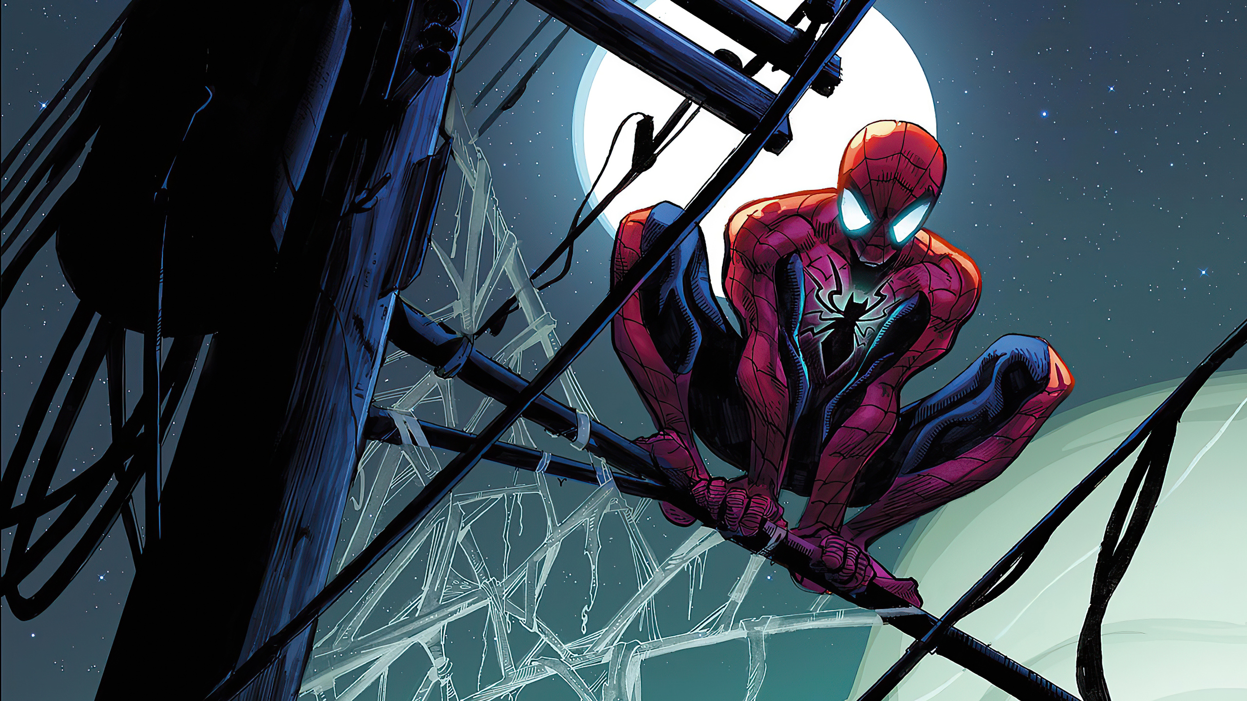 Spider-Man on power lines at night HD Wallpaper