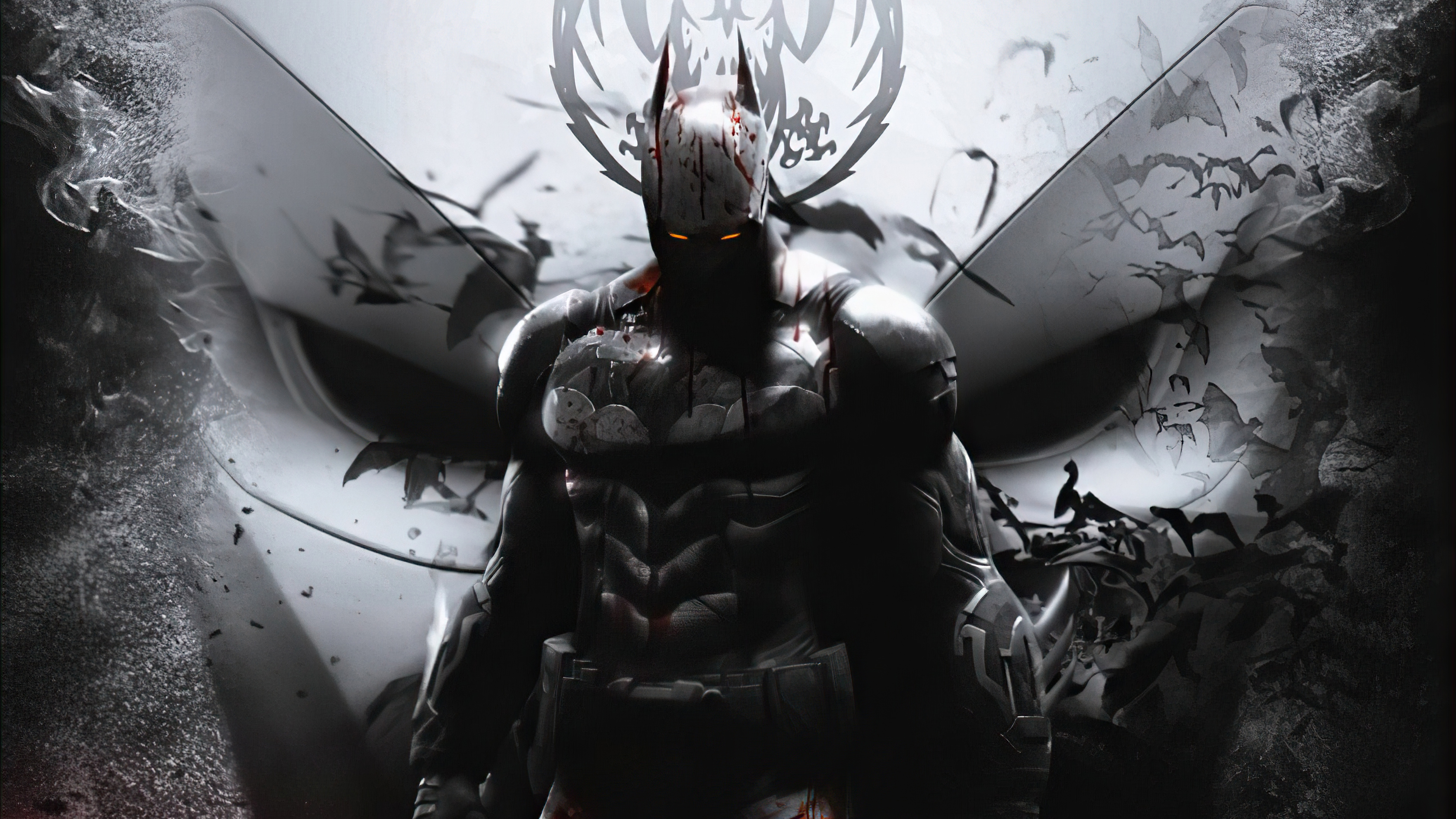 Batman covered in blood with glowing eyes HD Wallpaper